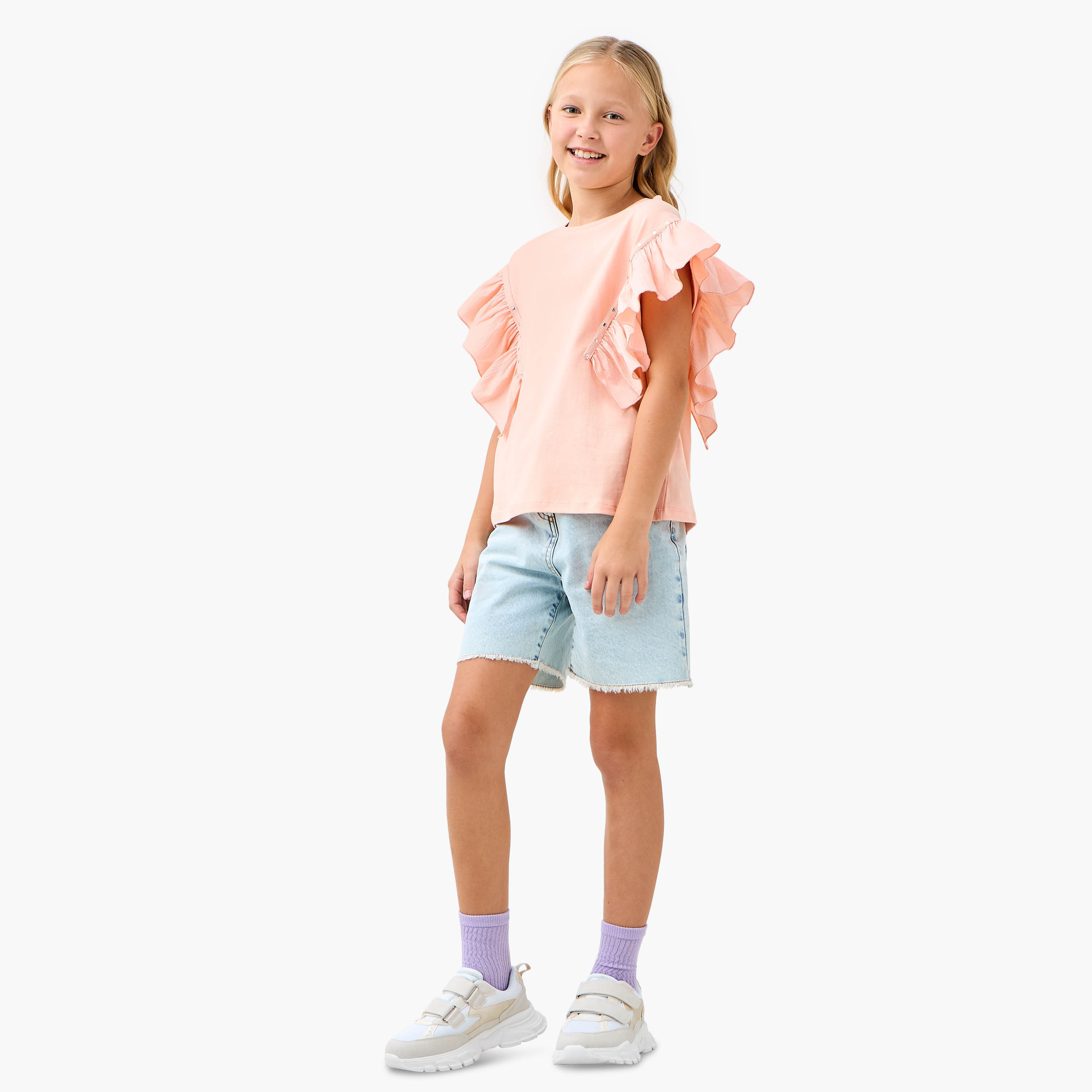 Juniors Solid T-shirt with Side Tulle Detail-girls-clothing-tshirts-image-2