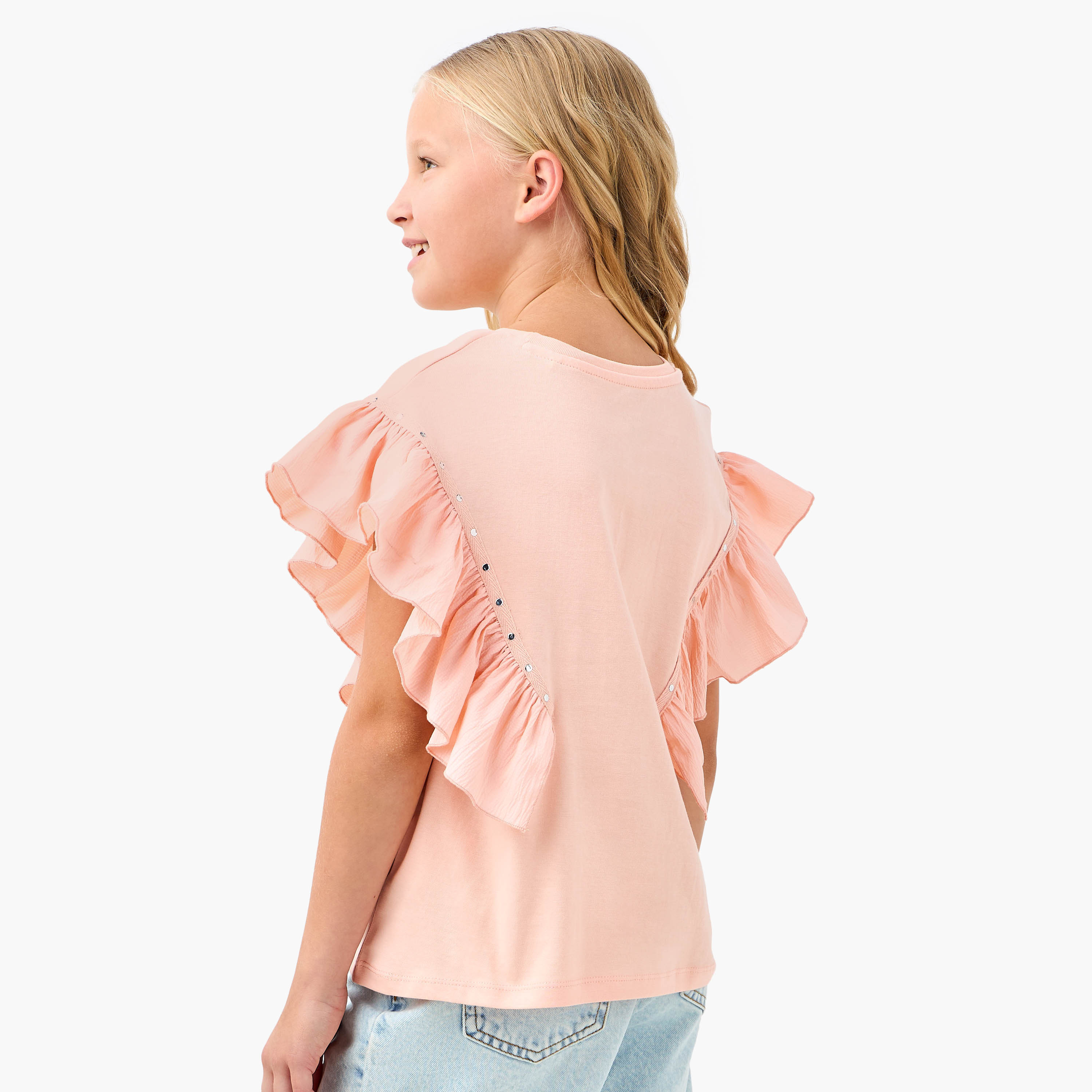 Juniors Solid T-shirt with Side Tulle Detail-girls-clothing-tshirts-image-3