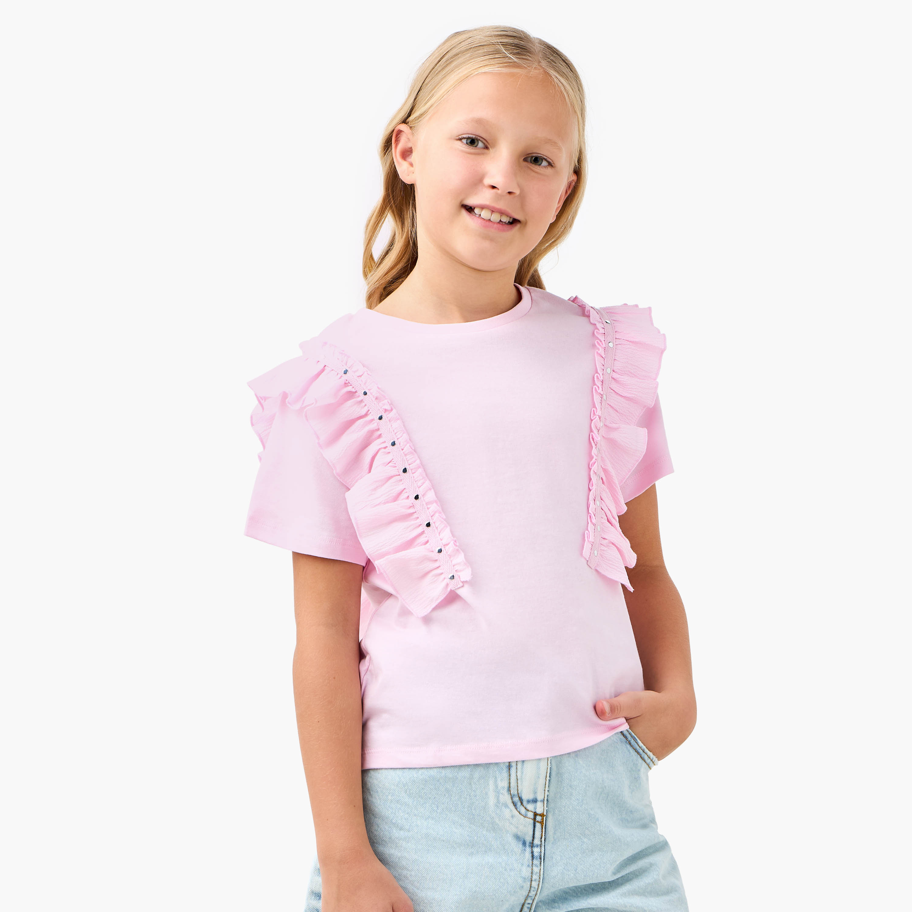 Juniors Solid T-shirt with Side Tulle Detail-girls-clothing-tshirts-image-1