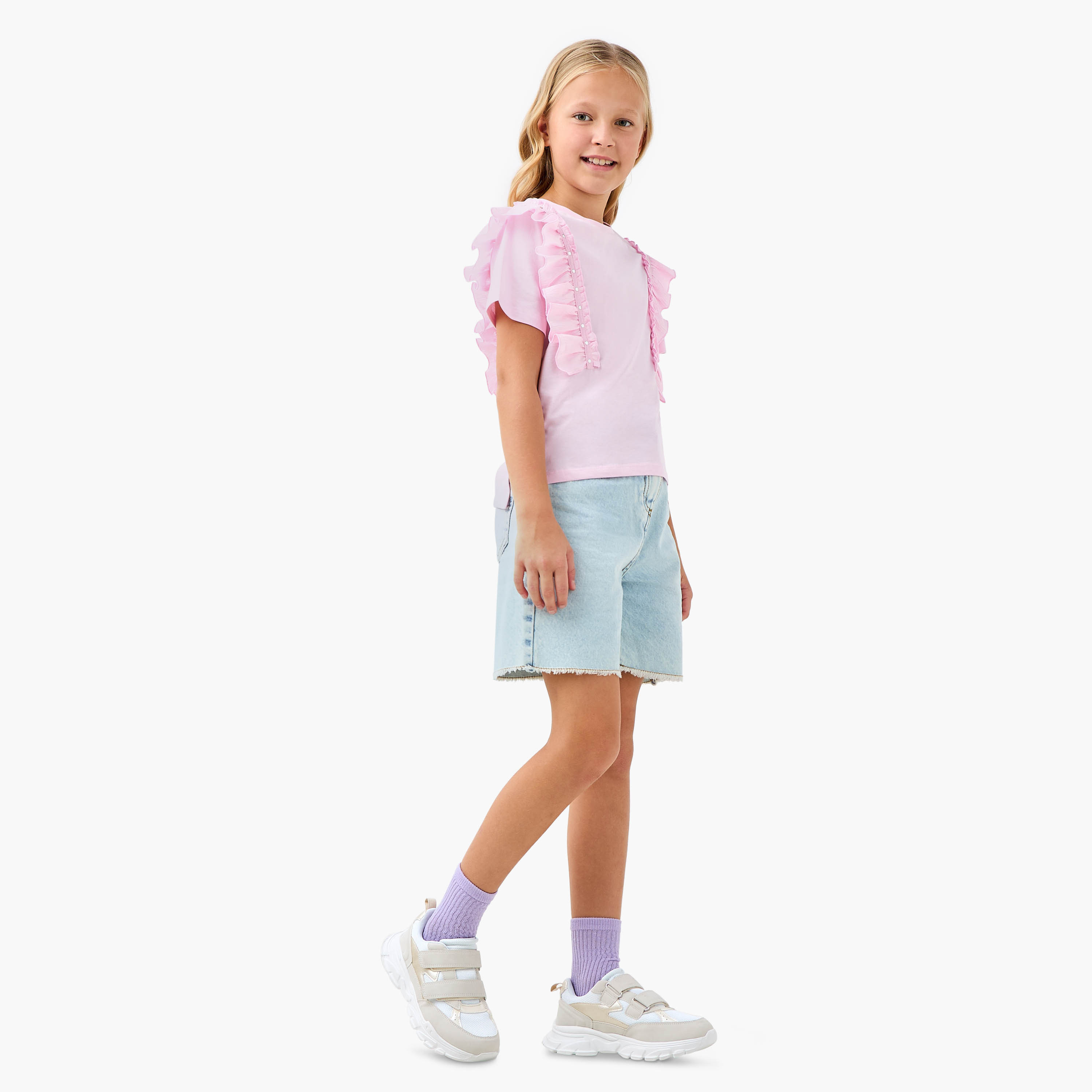 Juniors Solid T-shirt with Side Tulle Detail-girls-clothing-tshirts-image-2