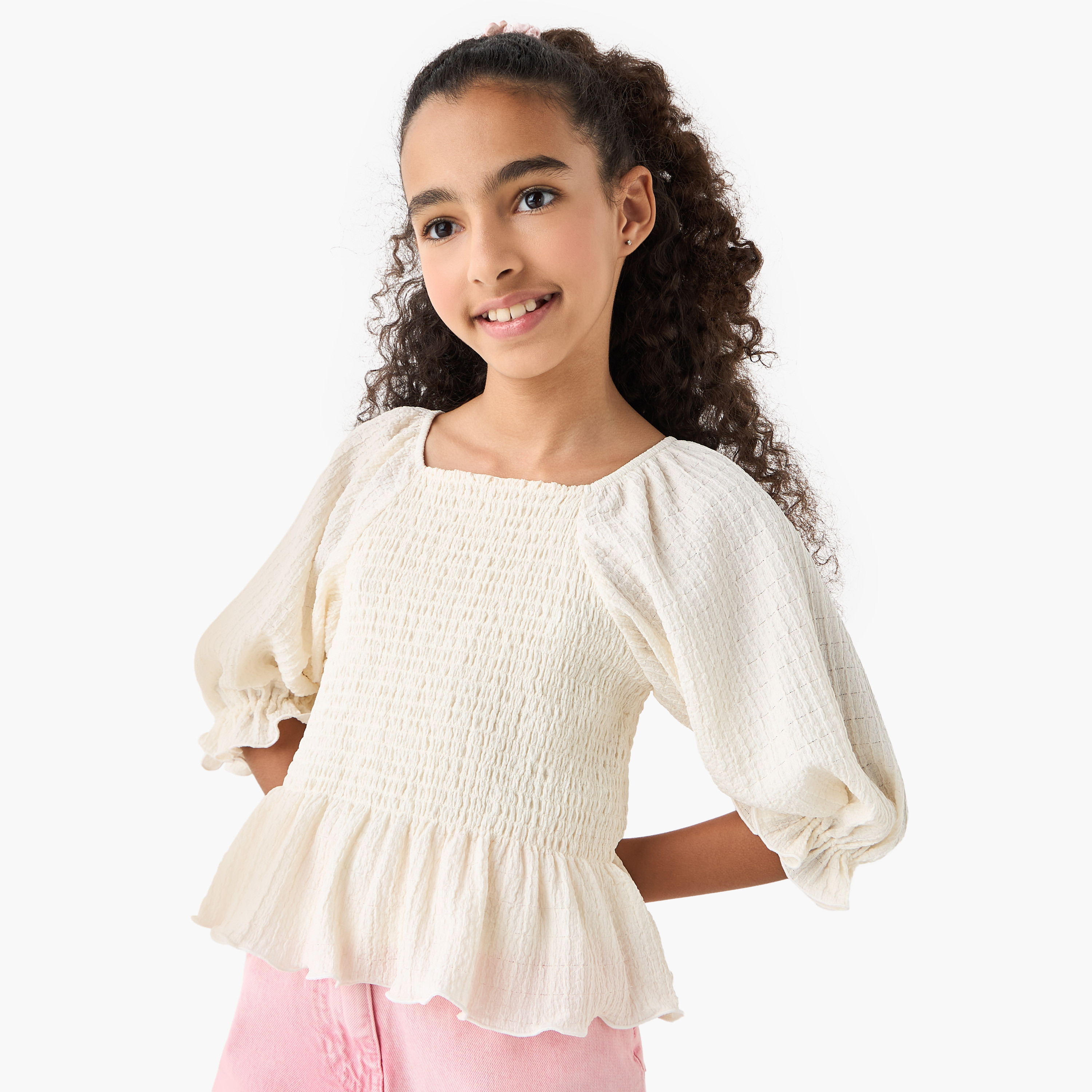 Juniors Shirred Detail Peplum Top with 3/4 Sleeves-girls-clothing-blousesandshirts-image-1