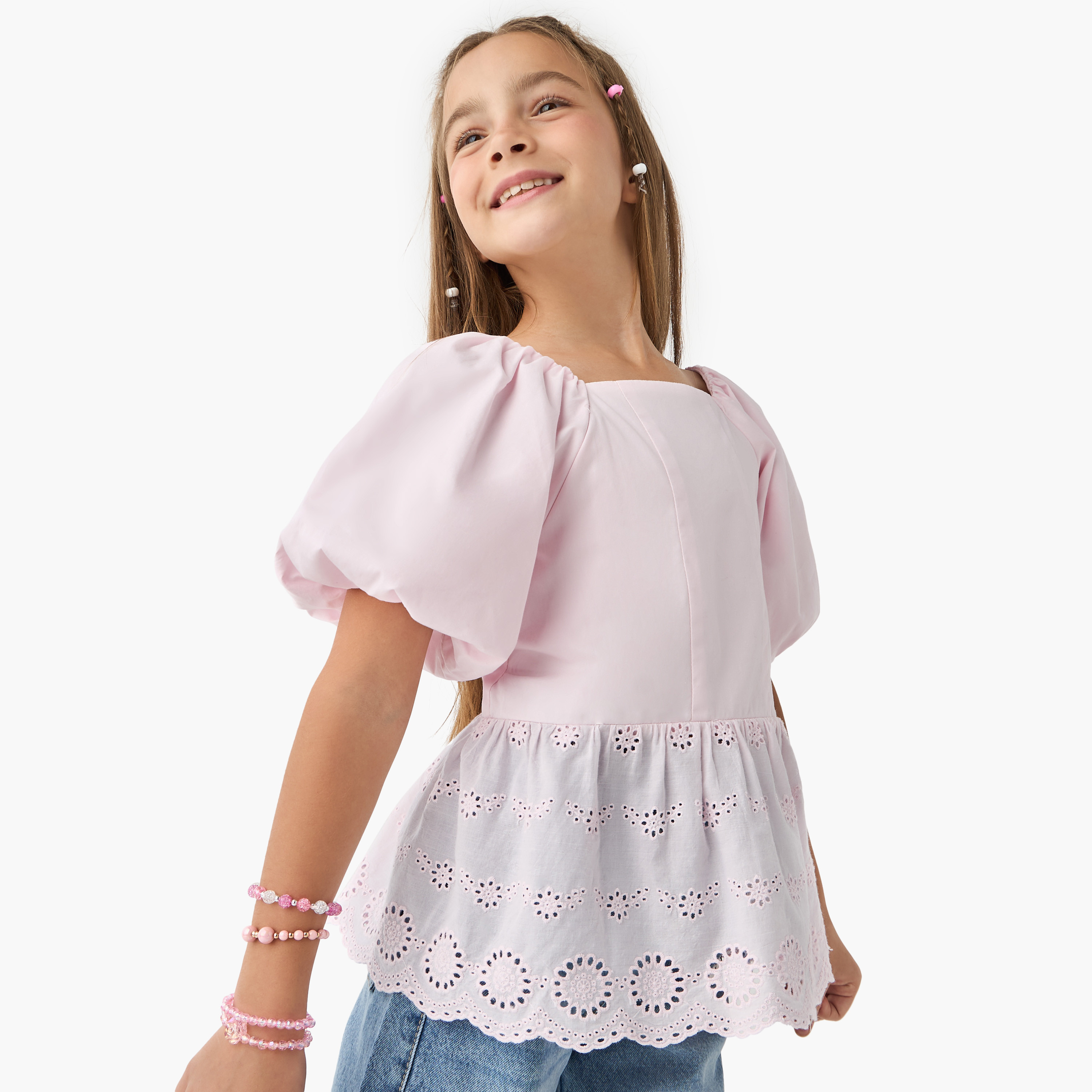 Juniors Schiffili Textured Peplum Top with Square Neck and Short Puff Sleeves-girls-clothing-blousesandshirts-image-1