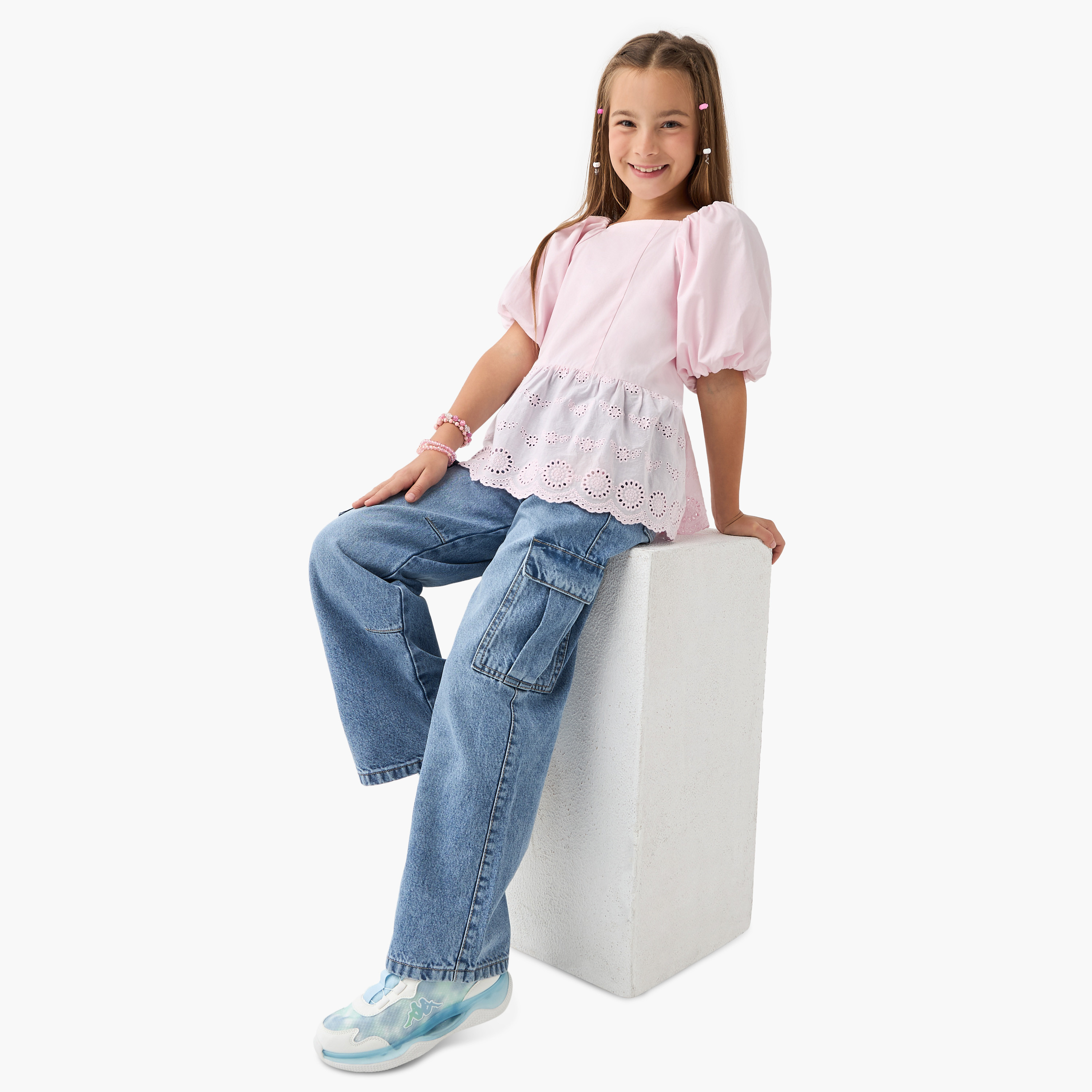 Juniors Schiffili Textured Peplum Top with Square Neck and Short Puff Sleeves-girls-clothing-blousesandshirts-image-2