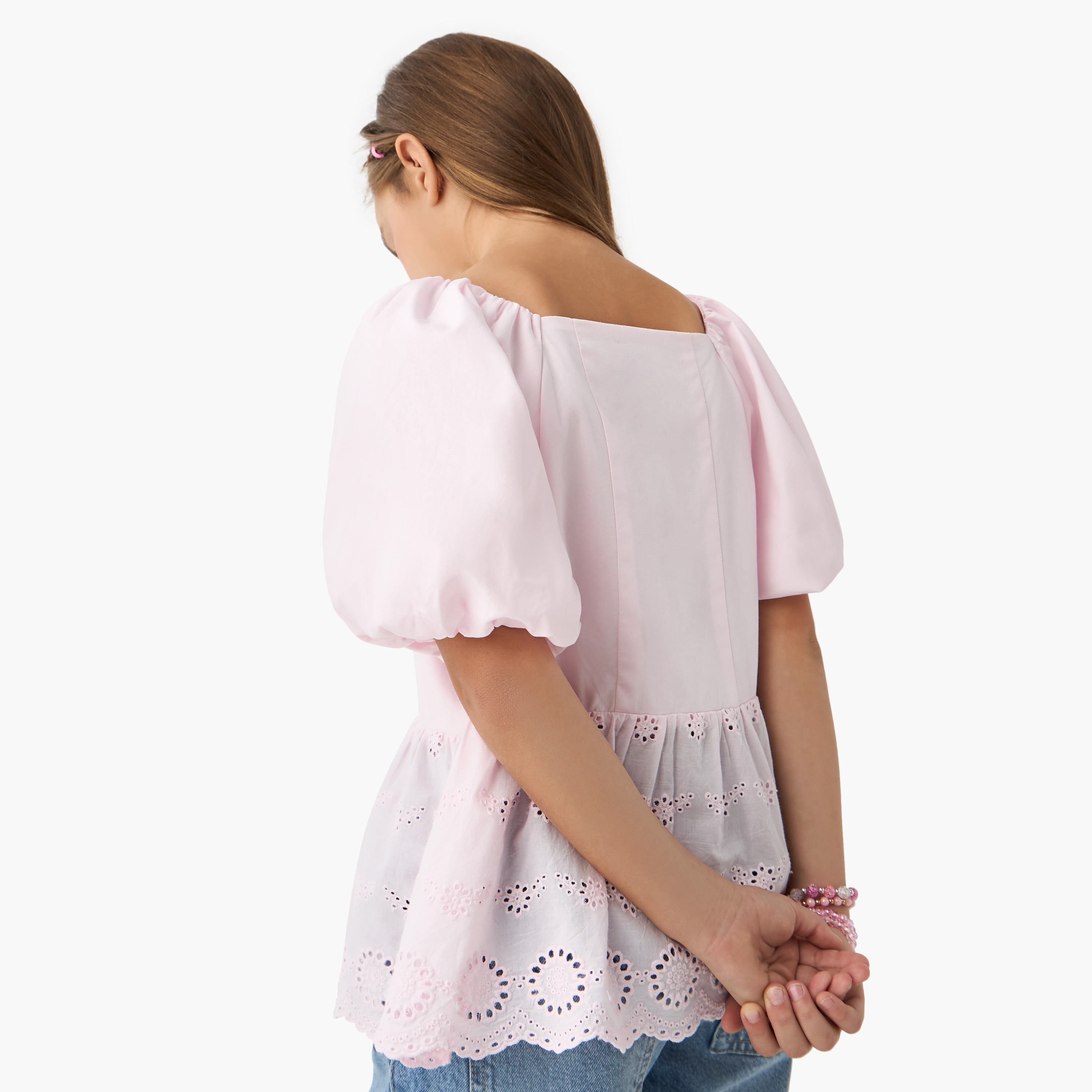 Juniors Schiffili Textured Peplum Top with Square Neck and Short Puff Sleeves-girls-clothing-blousesandshirts-image-3