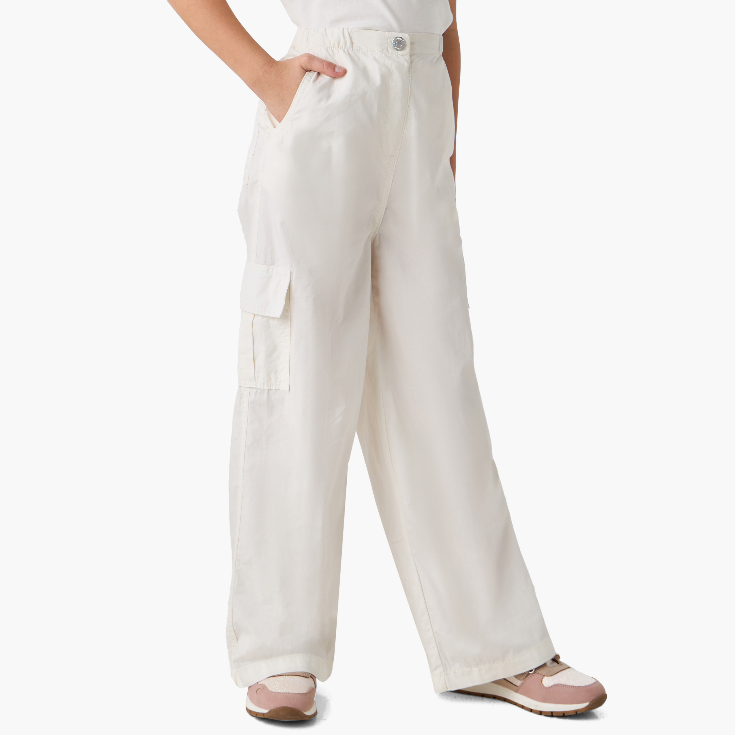 Juniors Solid Cargo Pants with Button Closure and Pockets-girls-clothing-bottoms-trousers-image-1