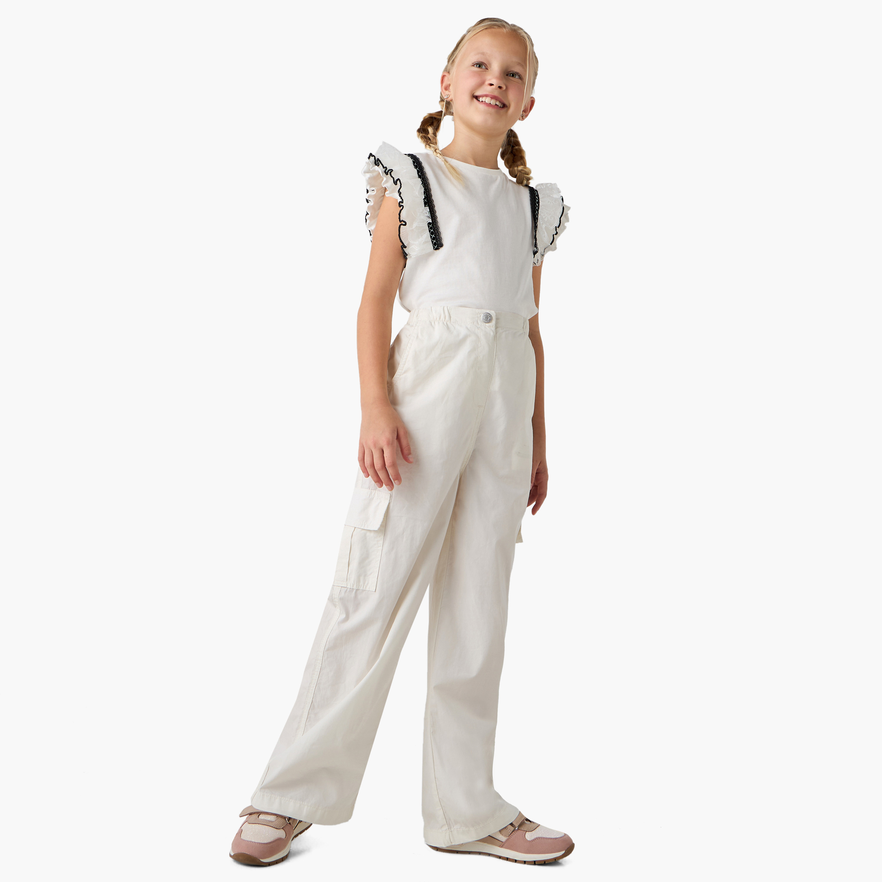 Juniors Solid Cargo Pants with Button Closure and Pockets-girls-clothing-bottoms-trousers-image-2