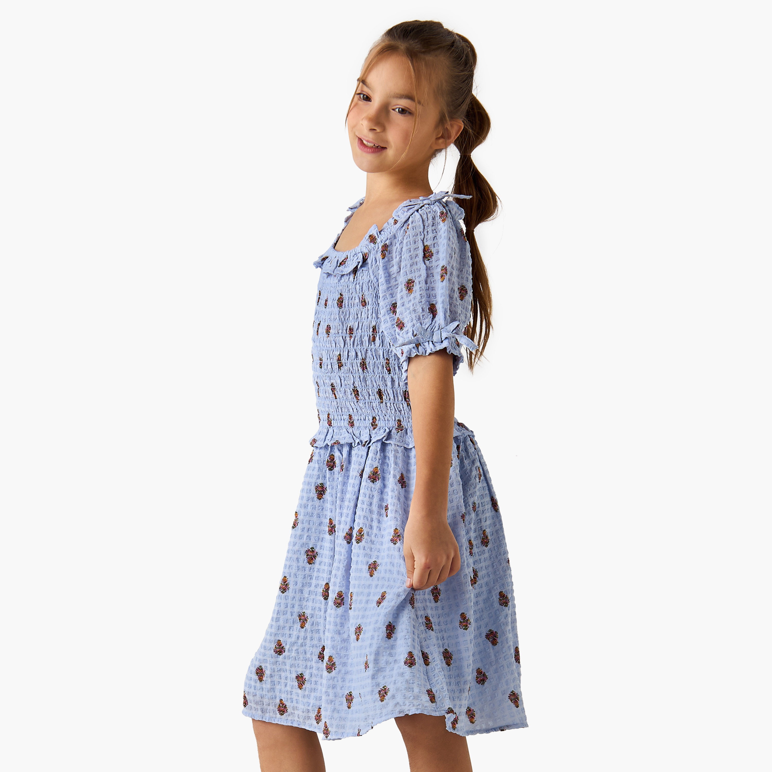 Juniors All-Over Print Dress with Ruffles and Shirred Detail-girls-clothing-dressesandjumpsuits-image-1