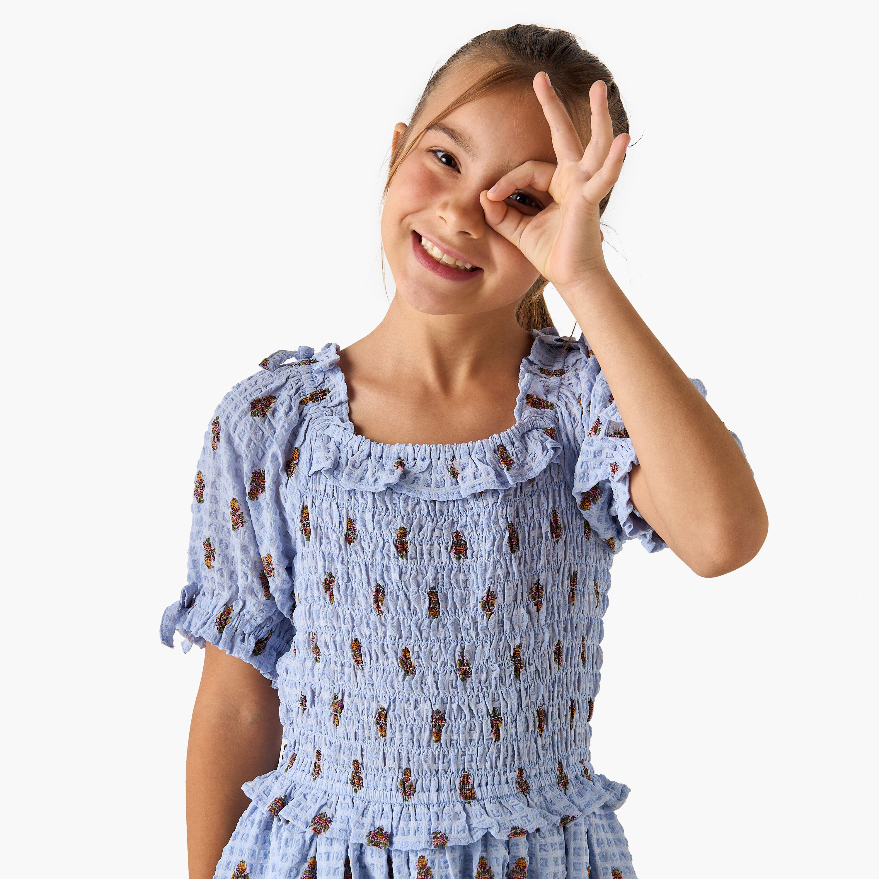 Juniors All-Over Print Dress with Ruffles and Shirred Detail-girls-clothing-dressesandjumpsuits-image-4
