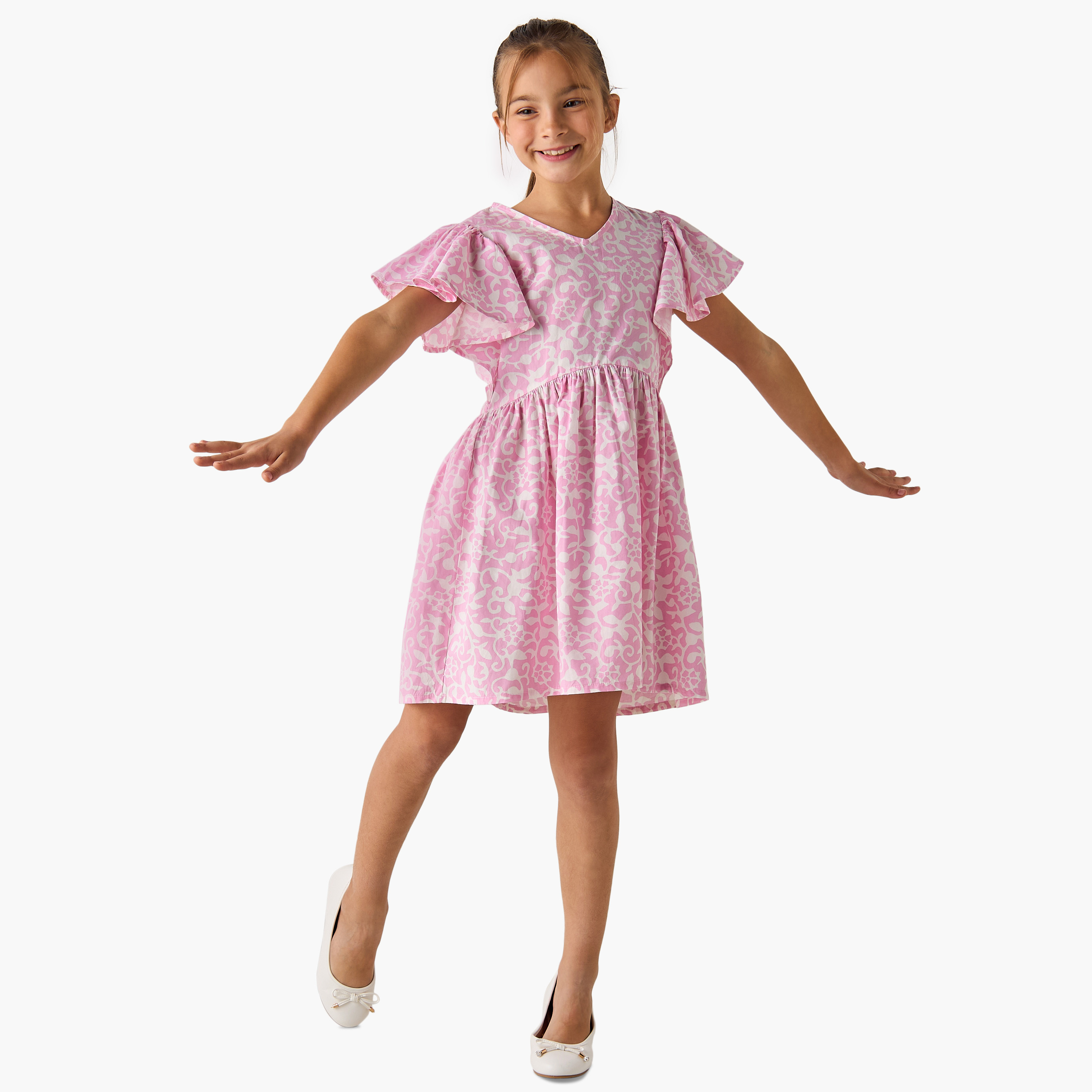 Juniors Flower Print V-Neck Dress with Ruffle Sleeves-girls-clothing-dressesandjumpsuits-image-1