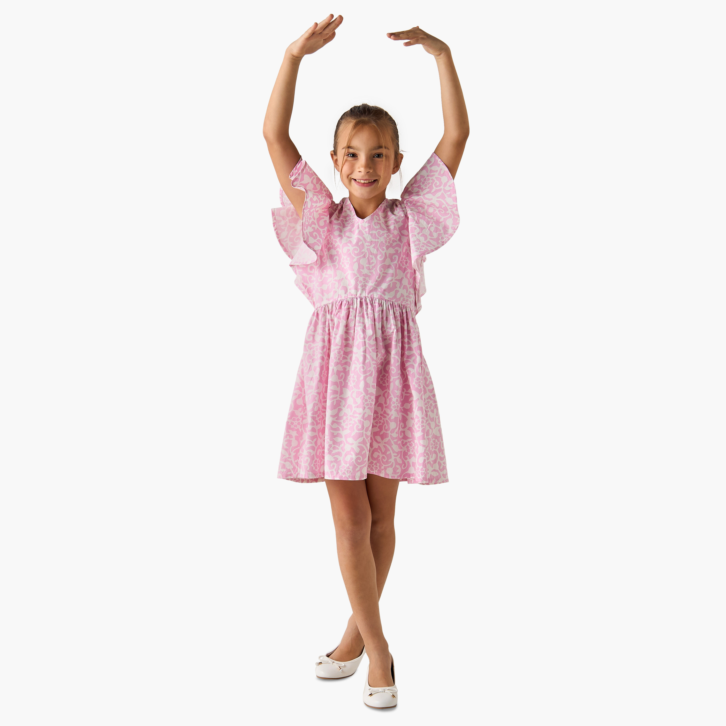 Juniors Flower Print V-Neck Dress with Ruffle Sleeves-girls-clothing-dressesandjumpsuits-image-2