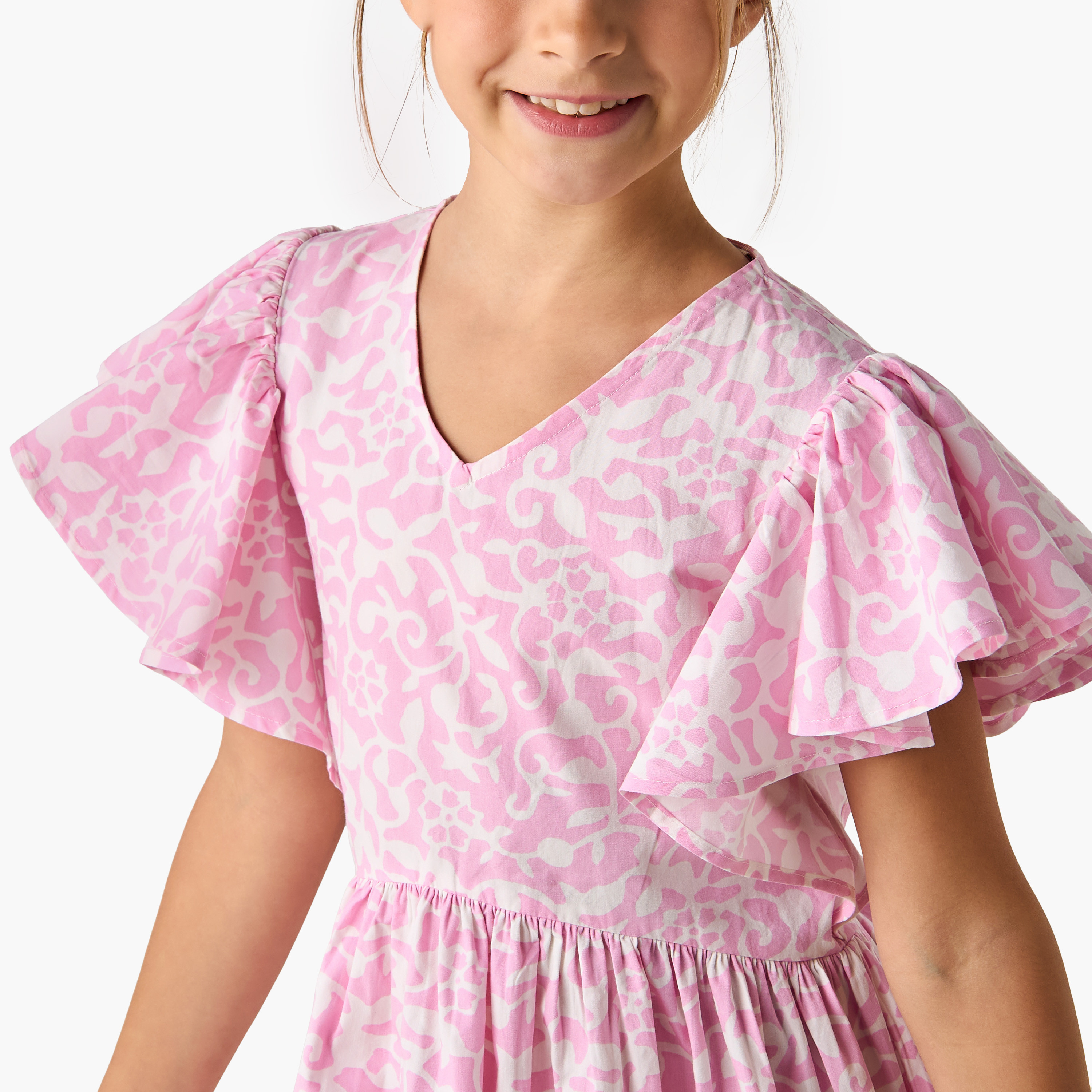 Juniors Flower Print V-Neck Dress with Ruffle Sleeves-girls-clothing-dressesandjumpsuits-image-4