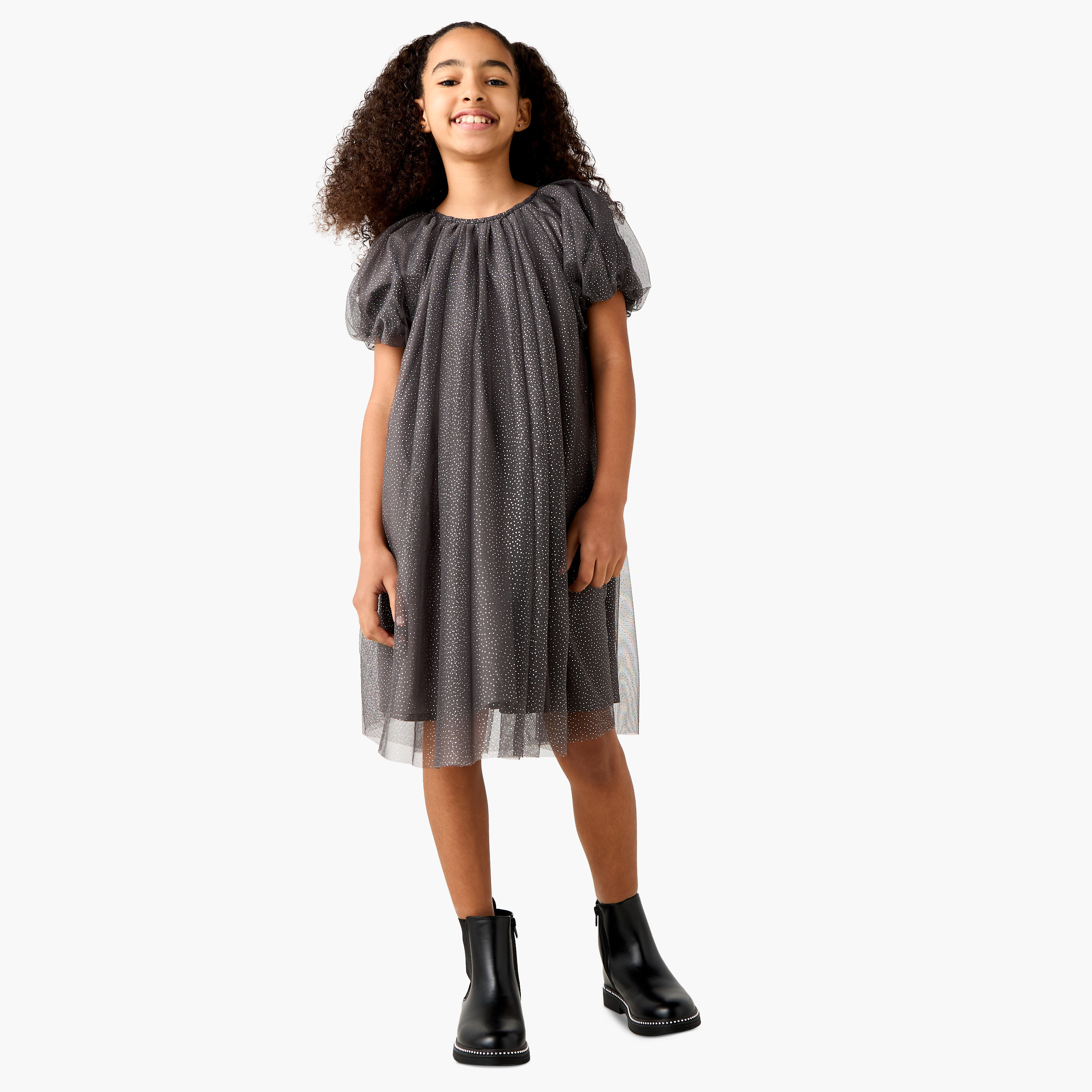 فستان إيه لاين مزين بياقة مستديرة وأكمام قصيرة من جونيورز-girls-clothing-dressesandjumpsuits-image-2