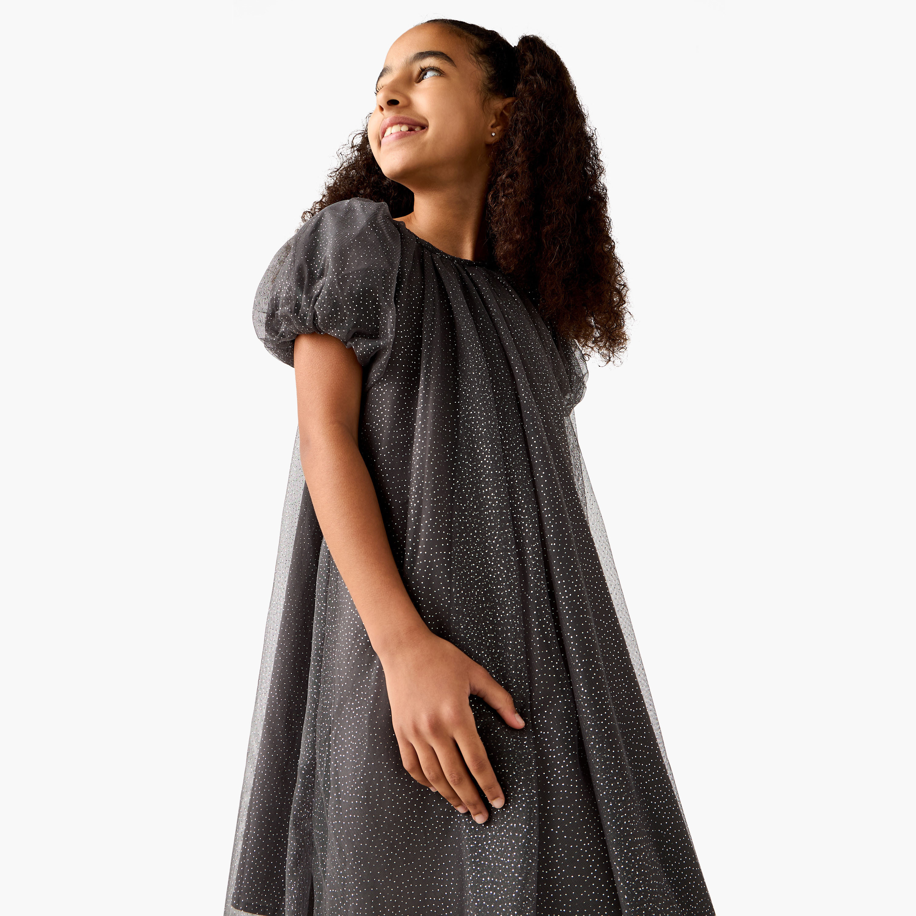 فستان إيه لاين مزين بياقة مستديرة وأكمام قصيرة من جونيورز-girls-clothing-dressesandjumpsuits-image-5