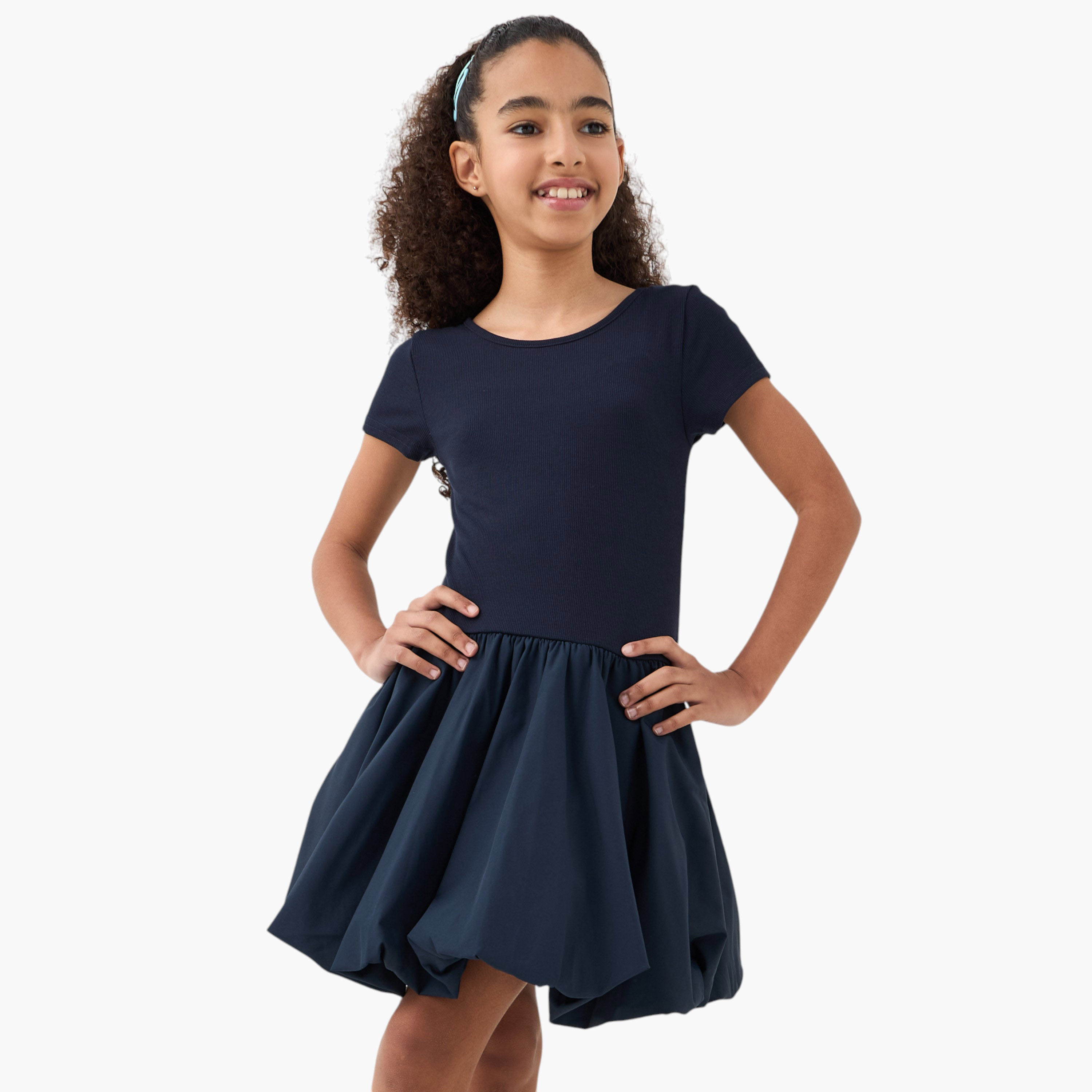 Juniors Textured Balloon Dress with Short Sleeves-girls-clothing-dressesandjumpsuits-image-1