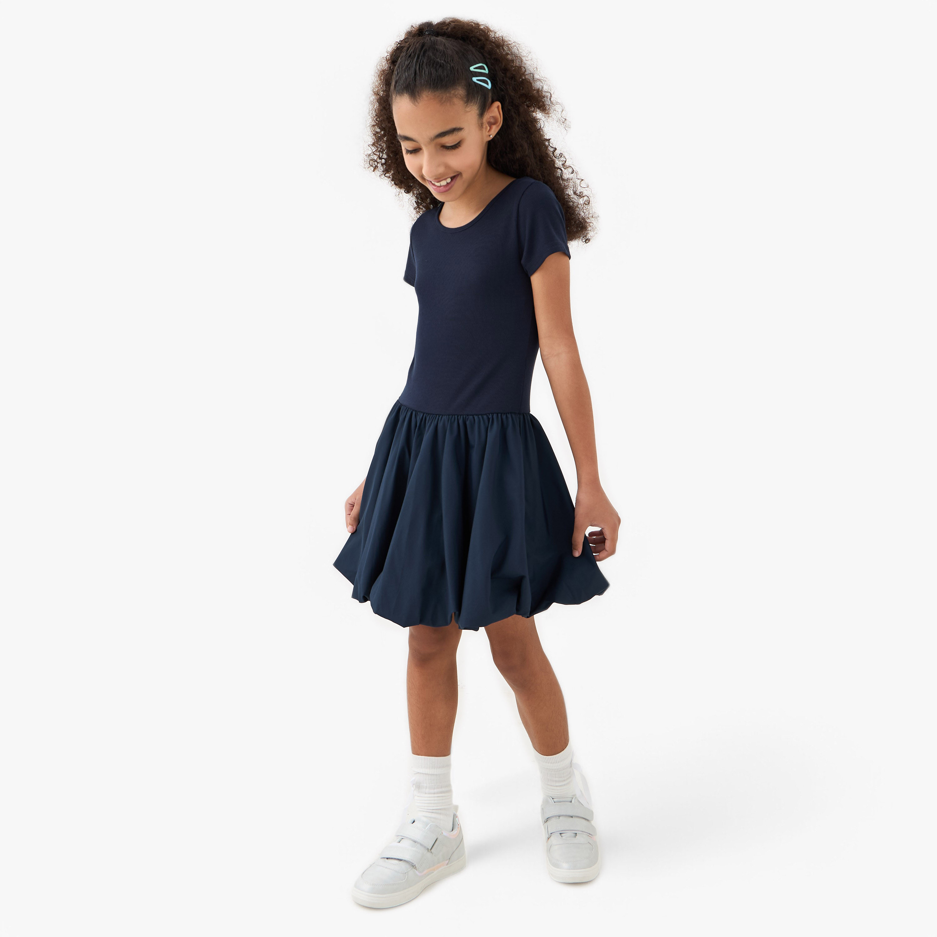 Juniors Textured Balloon Dress with Short Sleeves-girls-clothing-dressesandjumpsuits-image-2