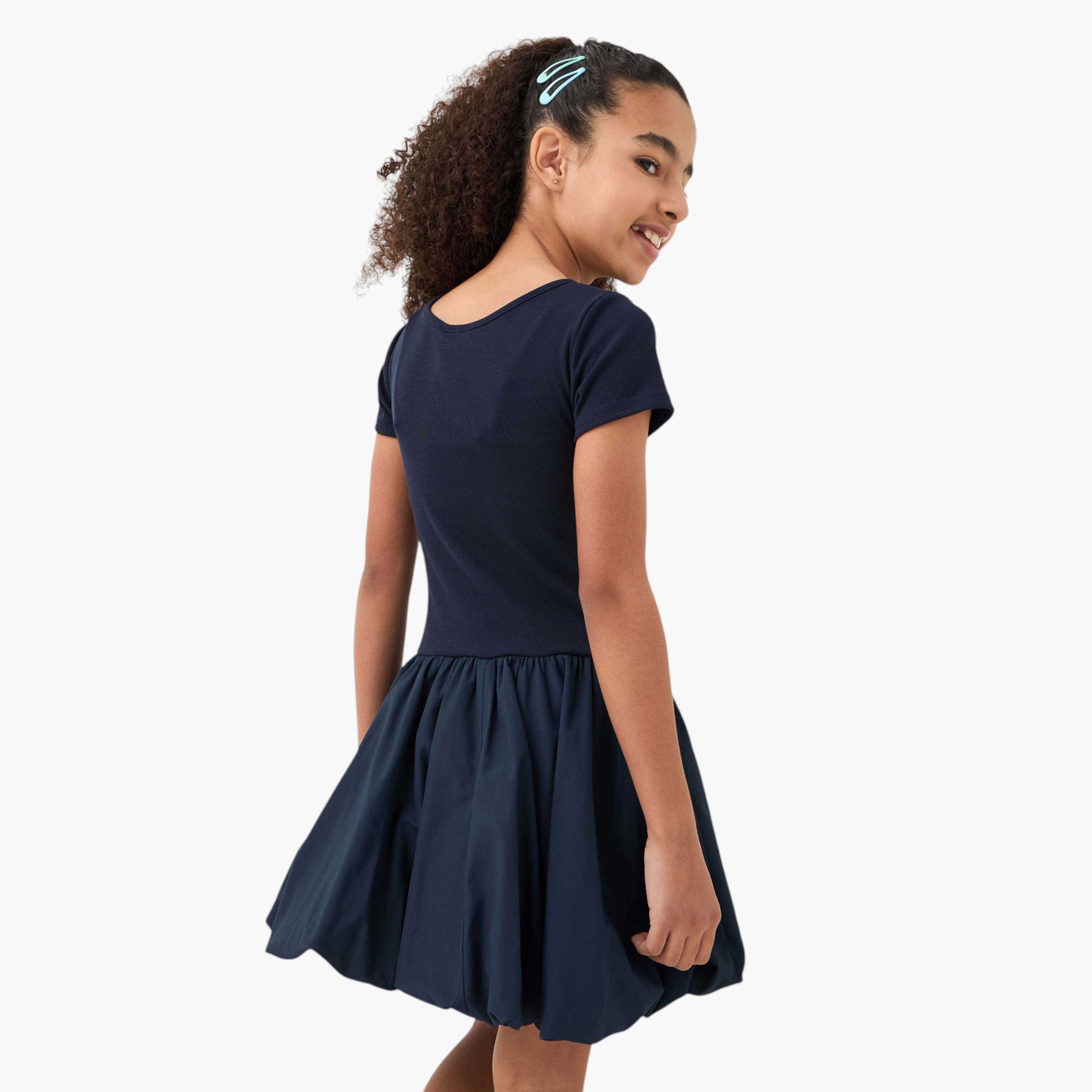 Juniors Textured Balloon Dress with Short Sleeves-girls-clothing-dressesandjumpsuits-image-3