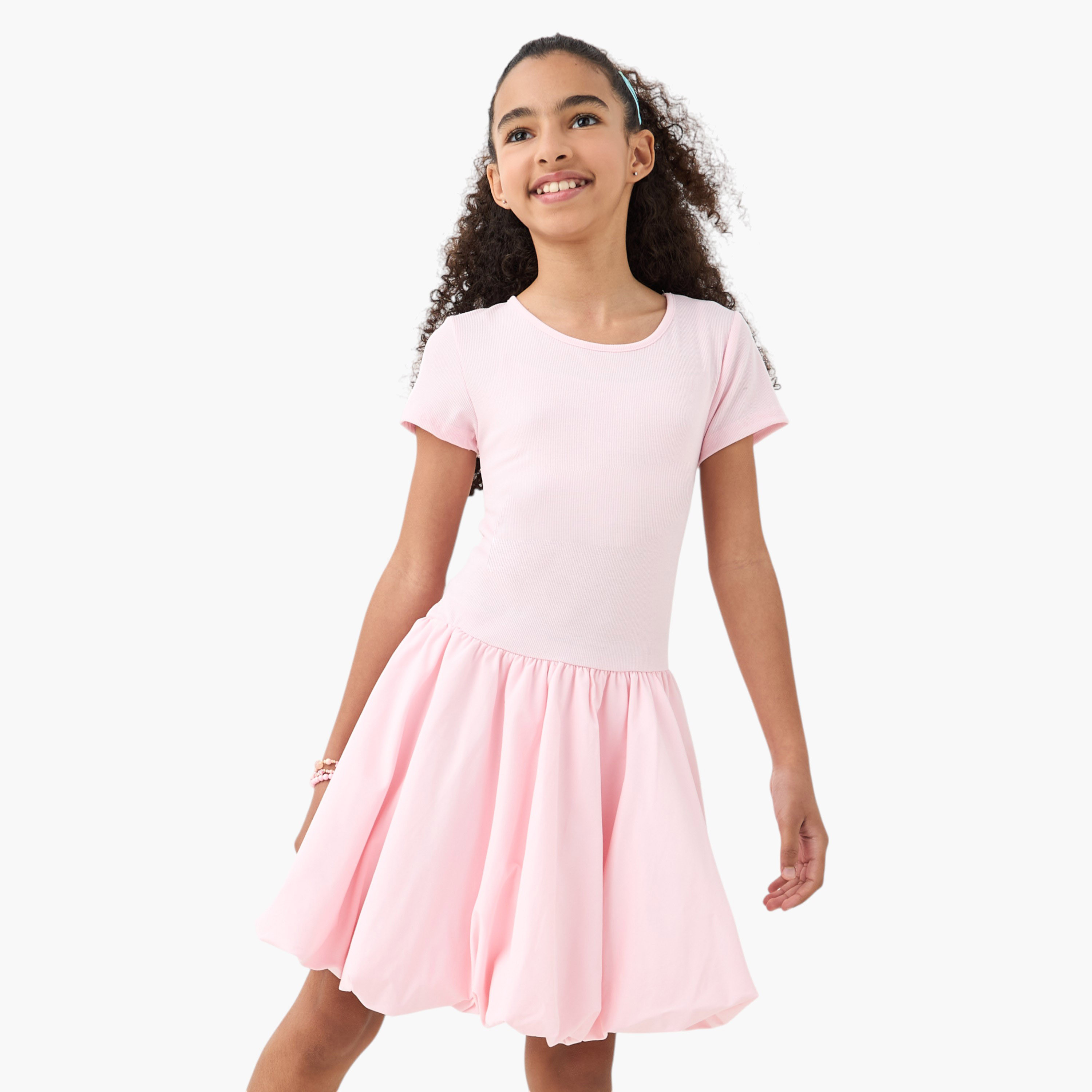 Juniors Textured Balloon Dress with Short Sleeves-girls-clothing-dressesandjumpsuits-image-1