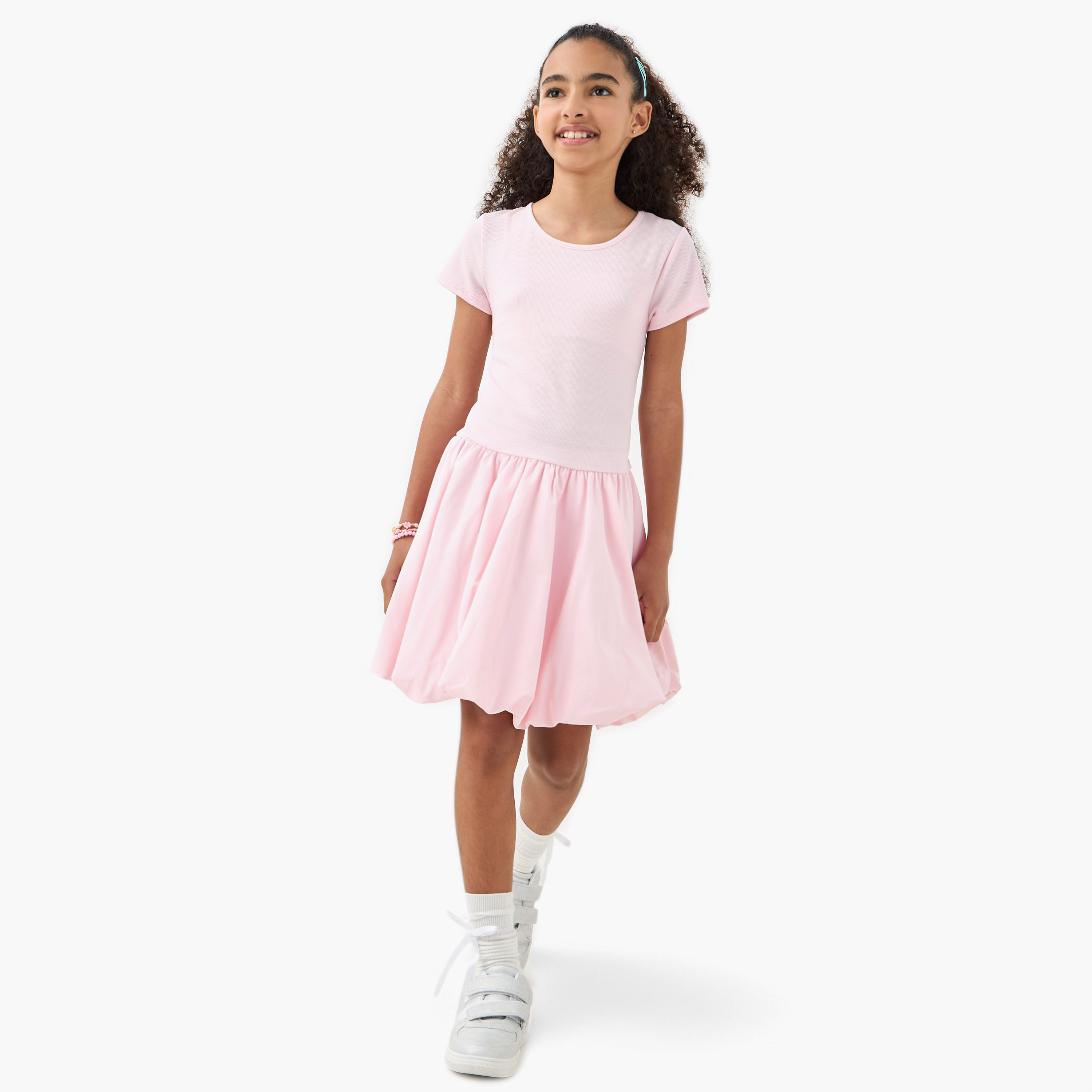 Juniors Textured Balloon Dress with Short Sleeves-girls-clothing-dressesandjumpsuits-image-2