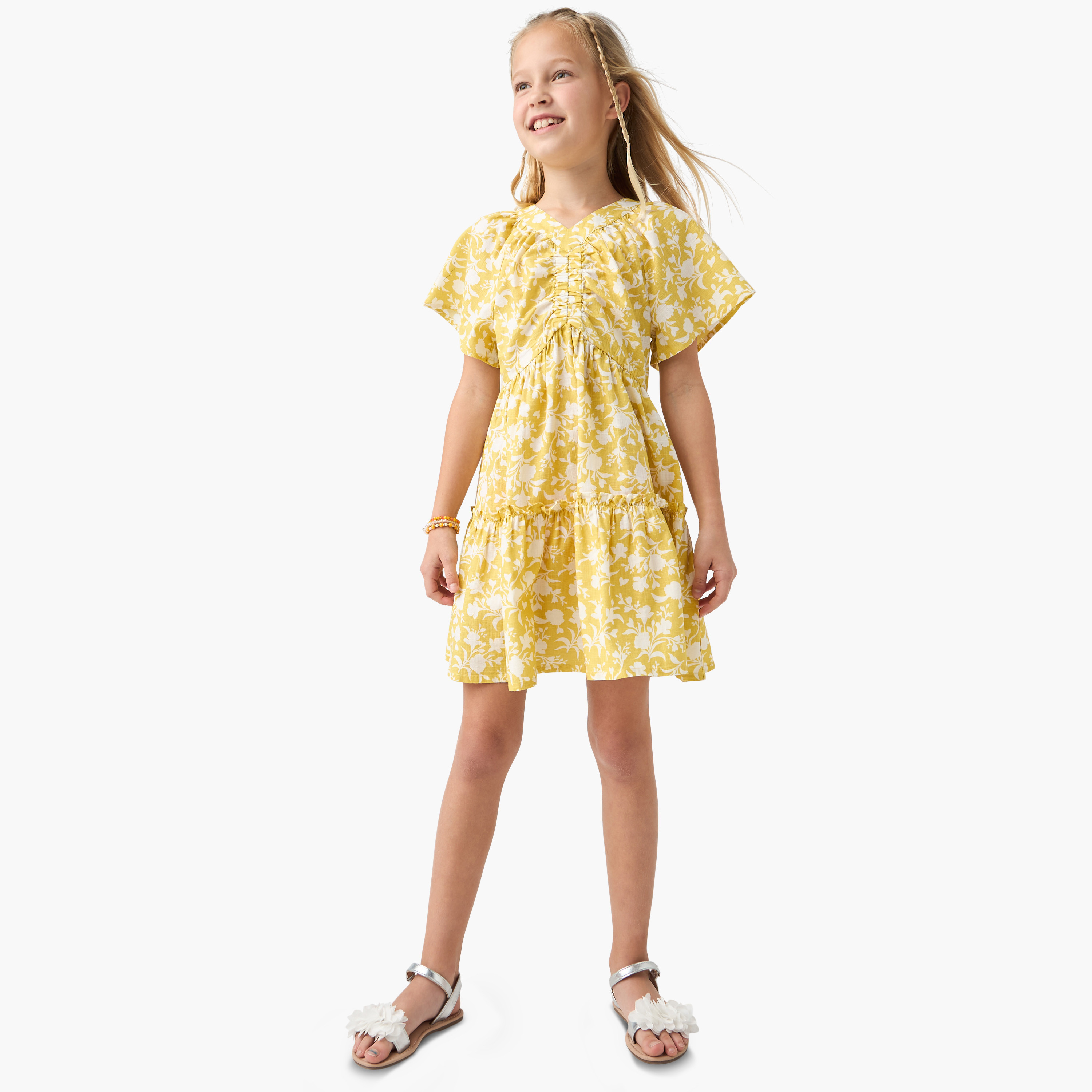 Juniors Printed A-line Dress with V-neck and Short Sleeves-girls-clothing-dressesandjumpsuits-image-2