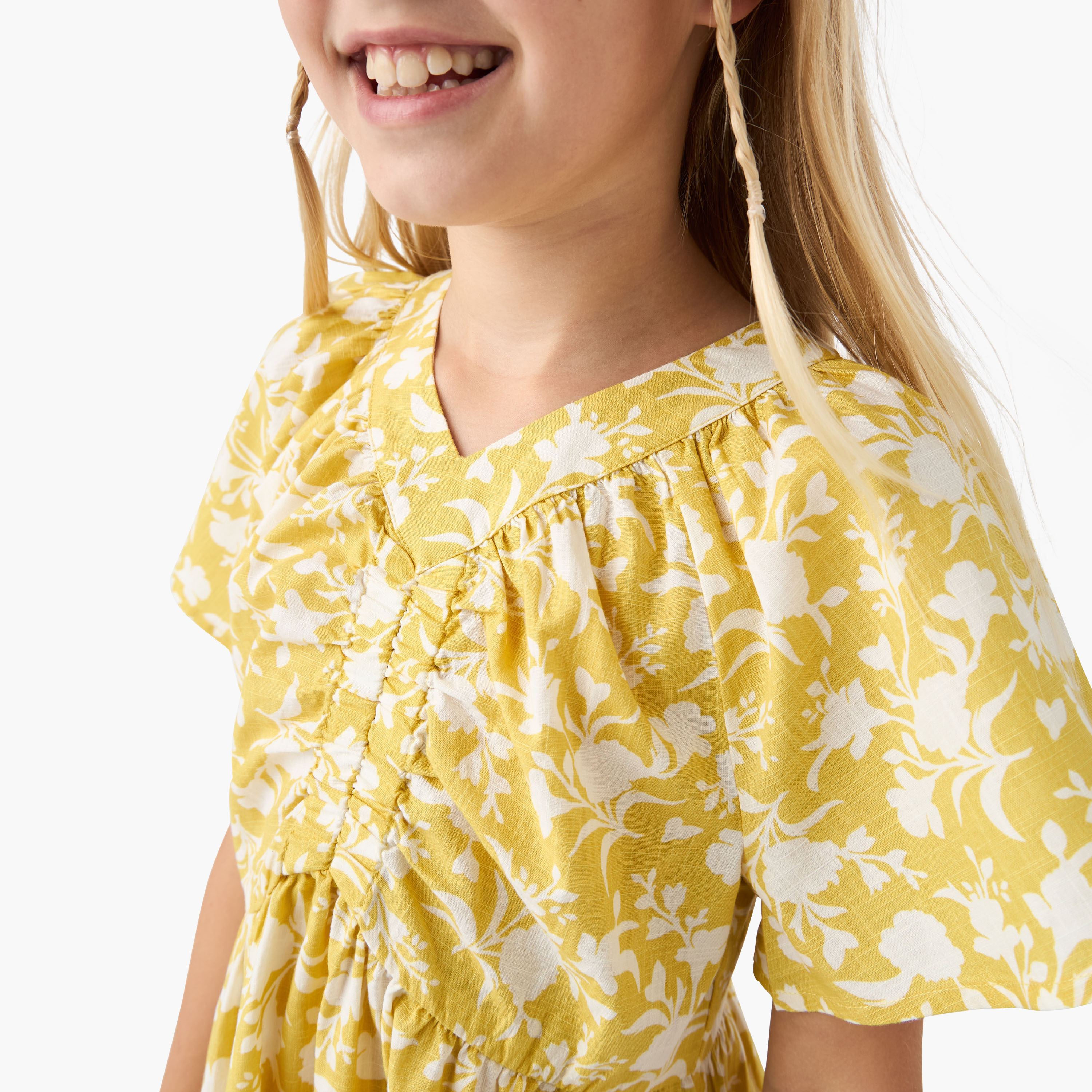 Juniors Printed A-line Dress with V-neck and Short Sleeves-girls-clothing-dressesandjumpsuits-image-4