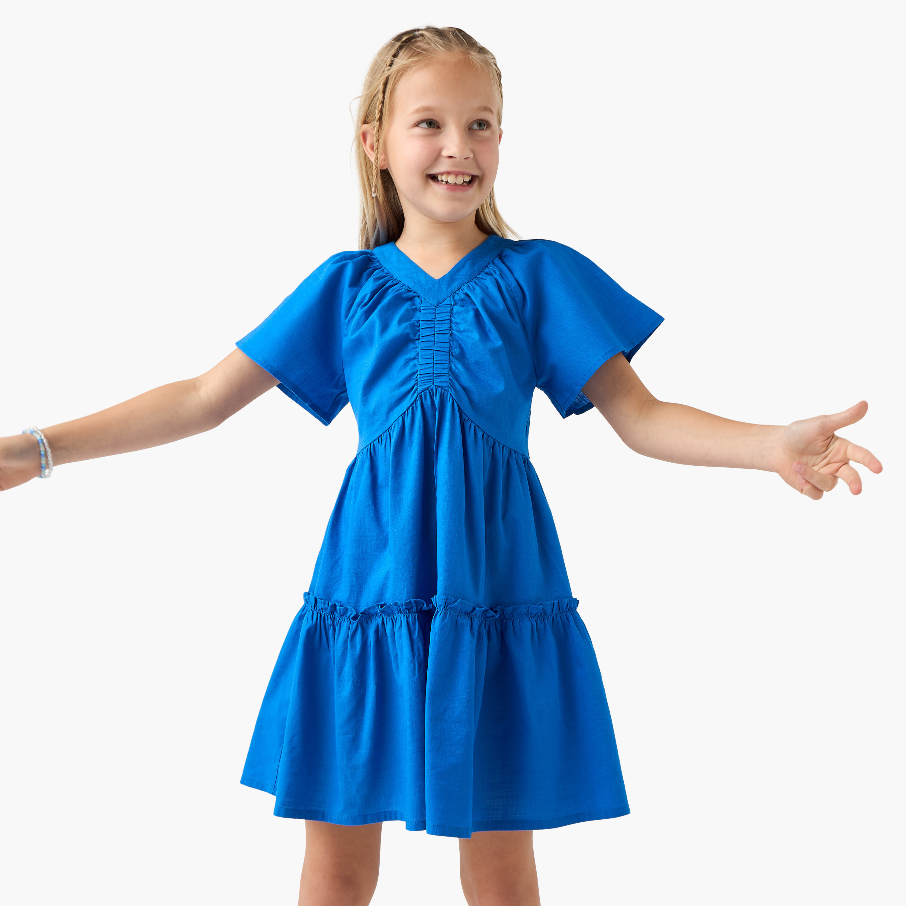 Juniors Printed A-line Dress with V-neck and Short Sleeves-girls-clothing-dressesandjumpsuits-image-1