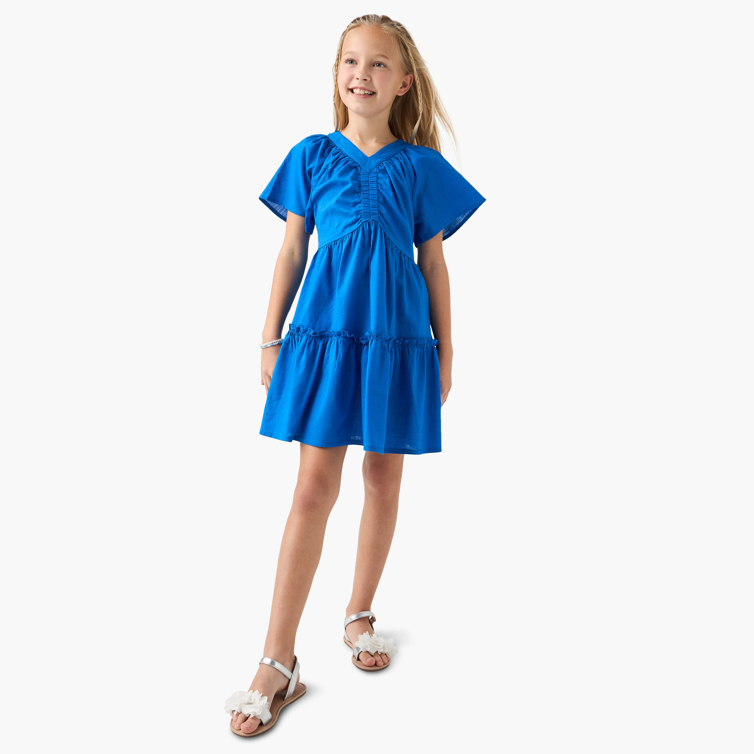 Juniors Printed A-line Dress with V-neck and Short Sleeves-girls-clothing-dressesandjumpsuits-image-2