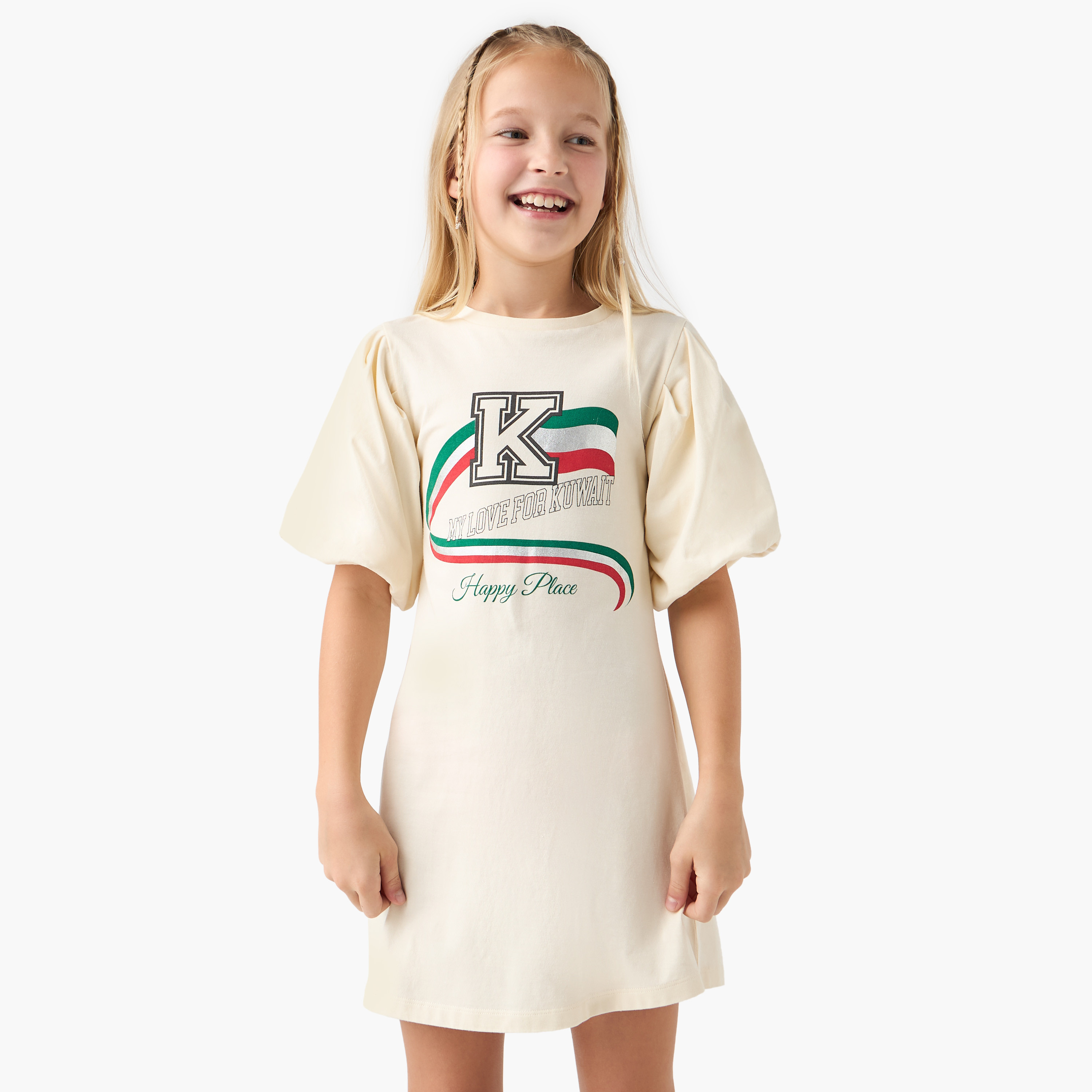 Juniors Kuwait National Day Print Dress with Short Sleeves-girls-clothing-dressesandjumpsuits-image-1