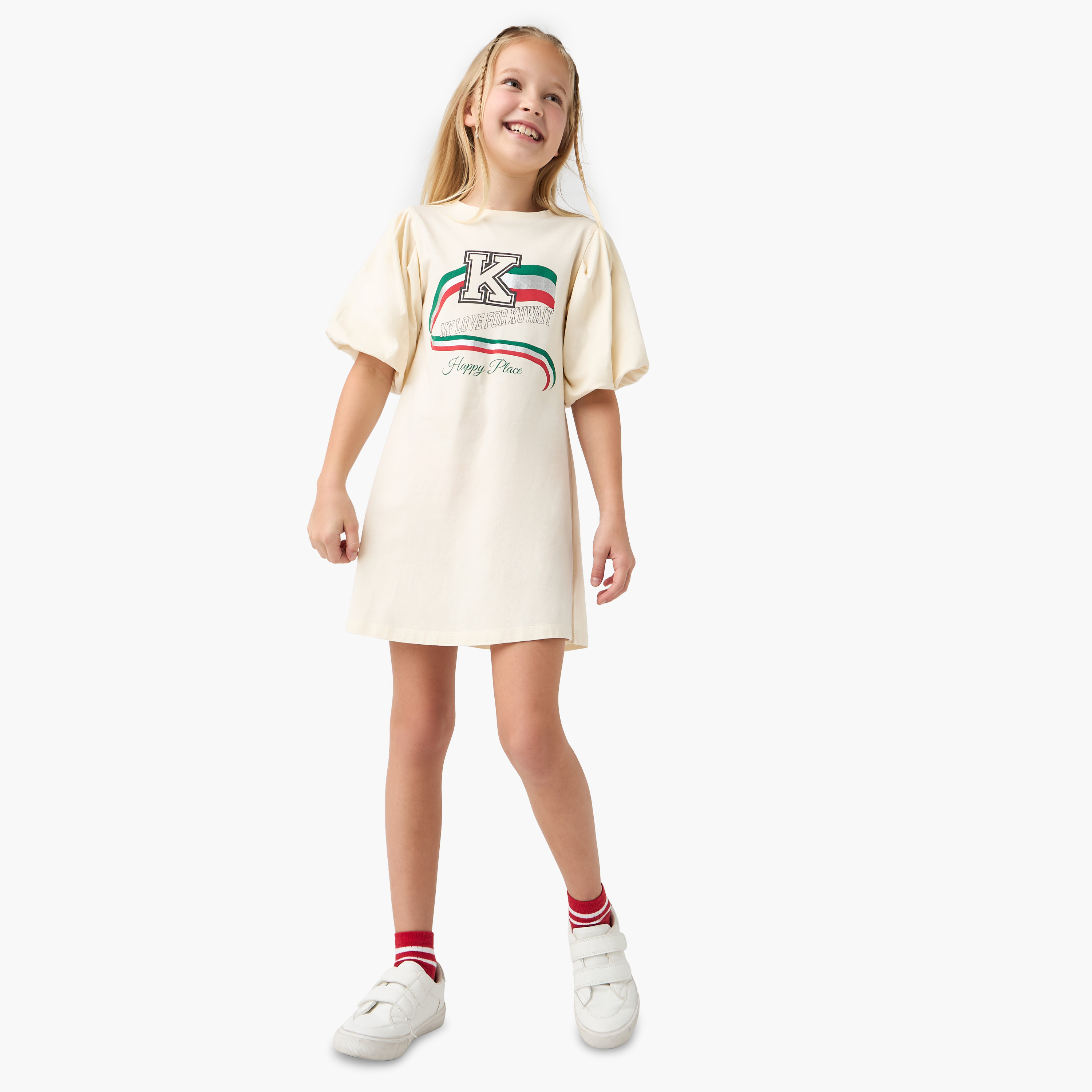 فستان بطبعات اليوم الوطني الكويتي وأكمام قصيرة من جونيورز-girls-clothing-dressesandjumpsuits-image-2