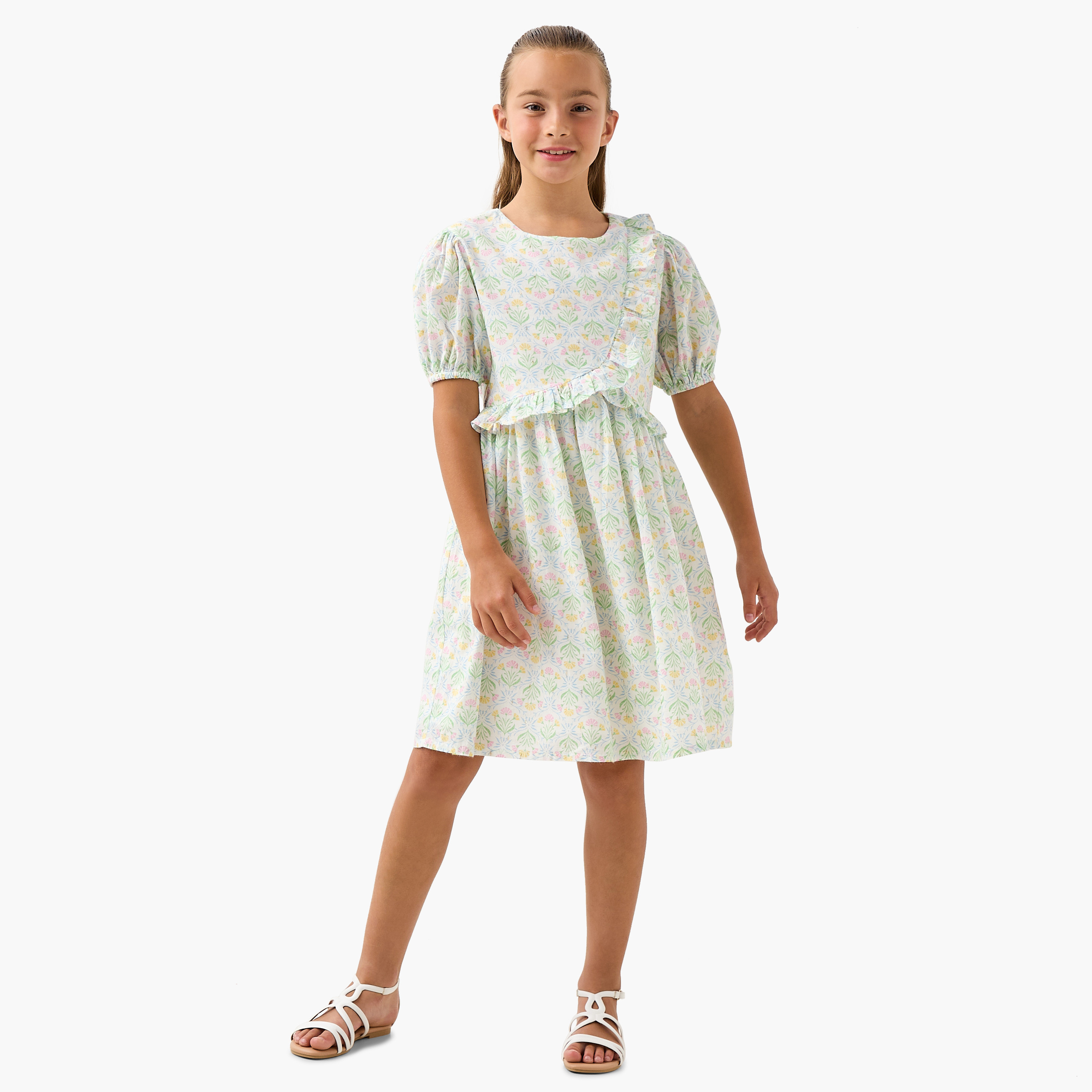 Juniors Solid Dress with Ruffle Detail and Short Sleeves-girls-clothing-dressesandjumpsuits-image-2