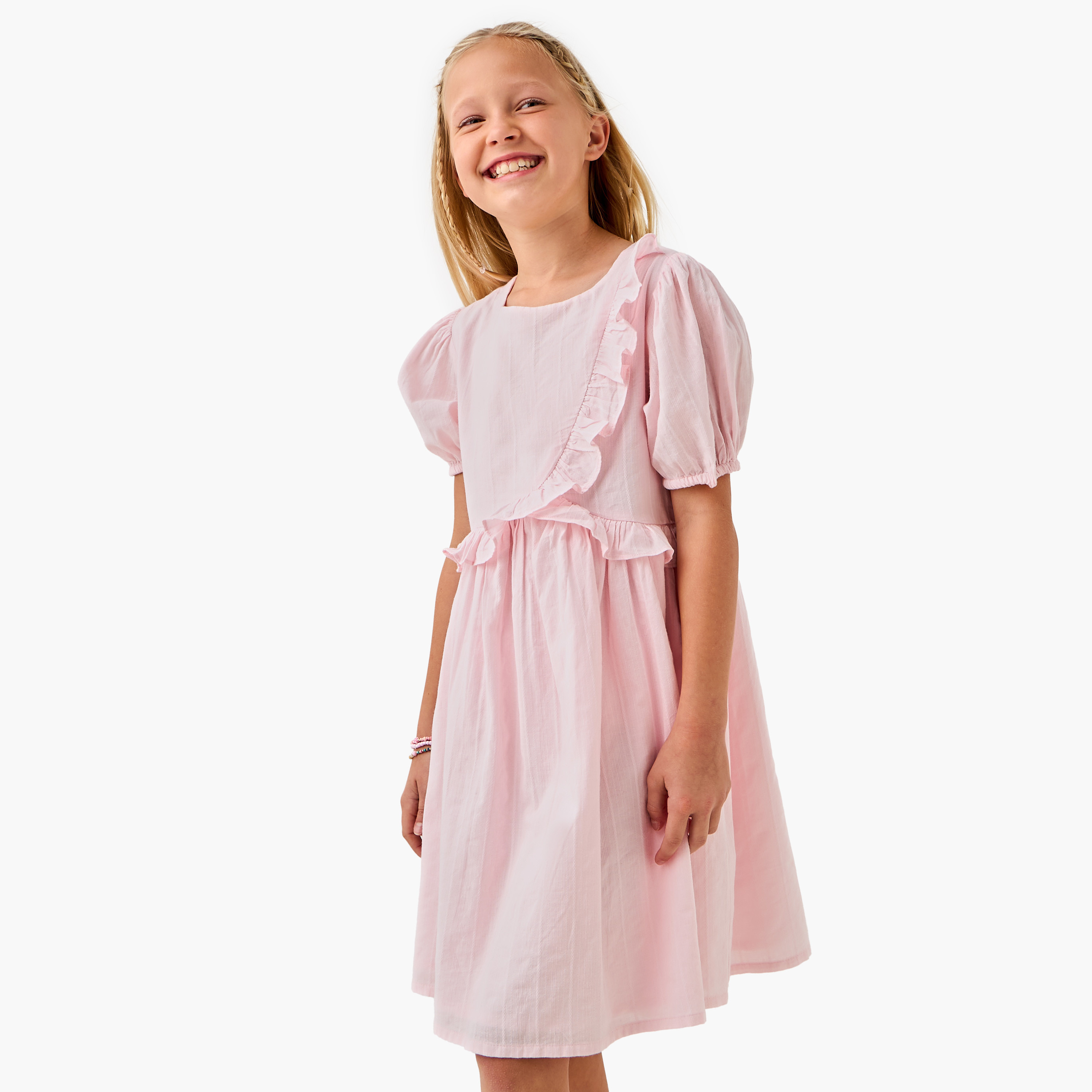 Juniors Solid Dress with Ruffle Detail and Short Sleeves-girls-clothing-dressesandjumpsuits-image-1