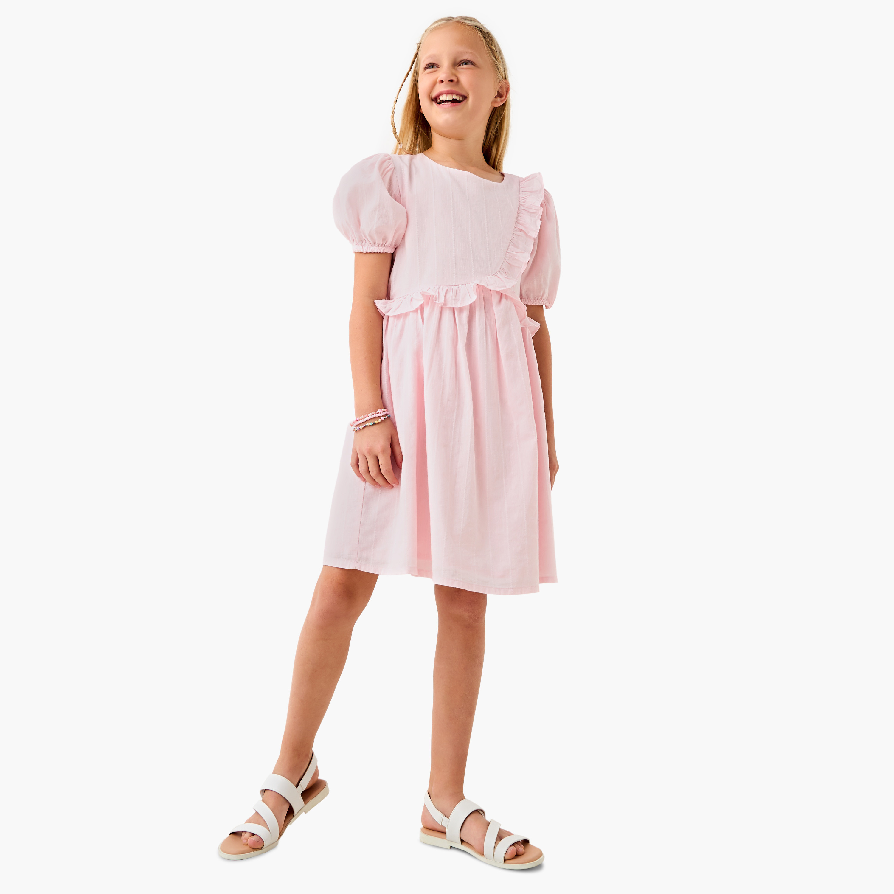 Juniors Solid Dress with Ruffle Detail and Short Sleeves-girls-clothing-dressesandjumpsuits-image-2