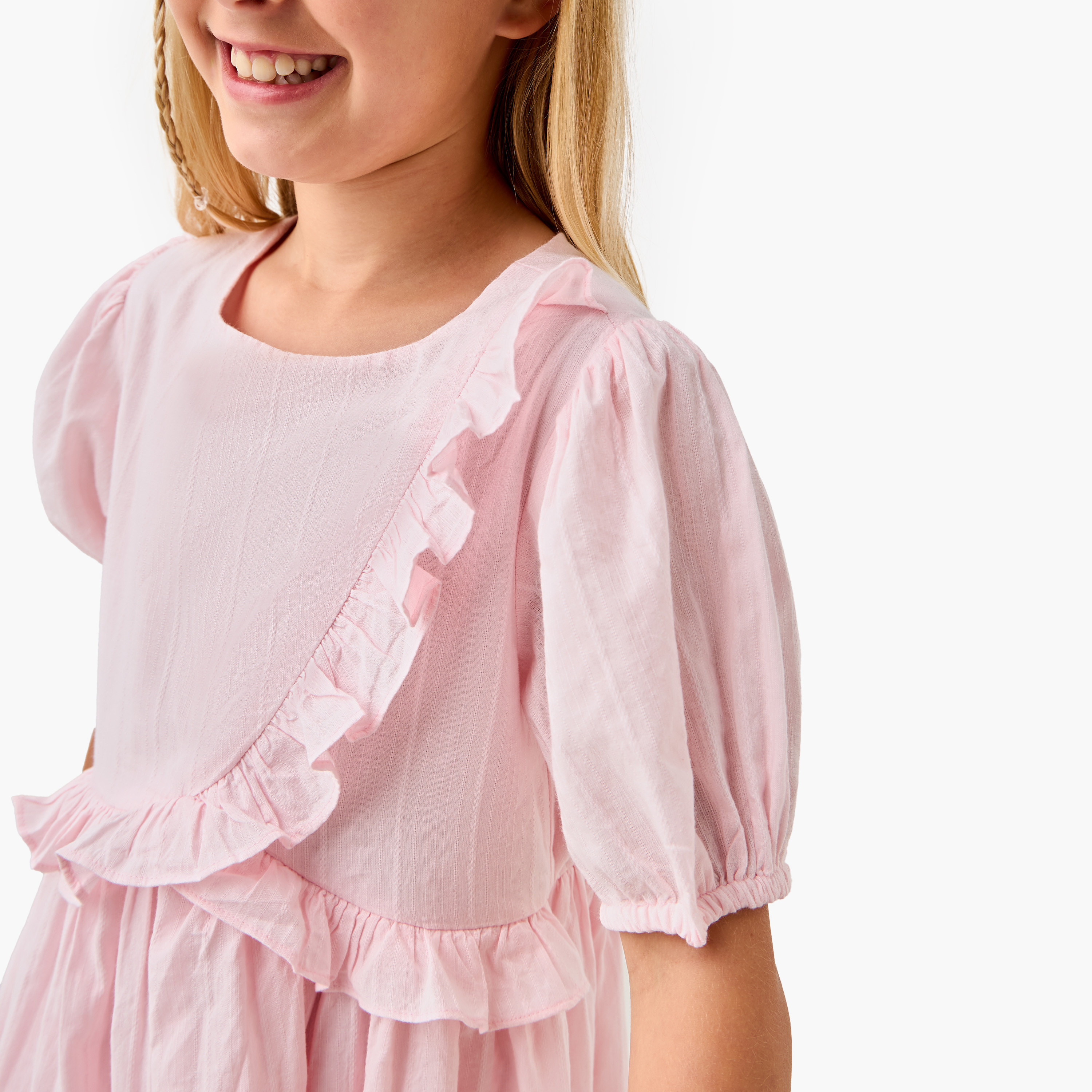 Juniors Solid Dress with Ruffle Detail and Short Sleeves-girls-clothing-dressesandjumpsuits-image-4
