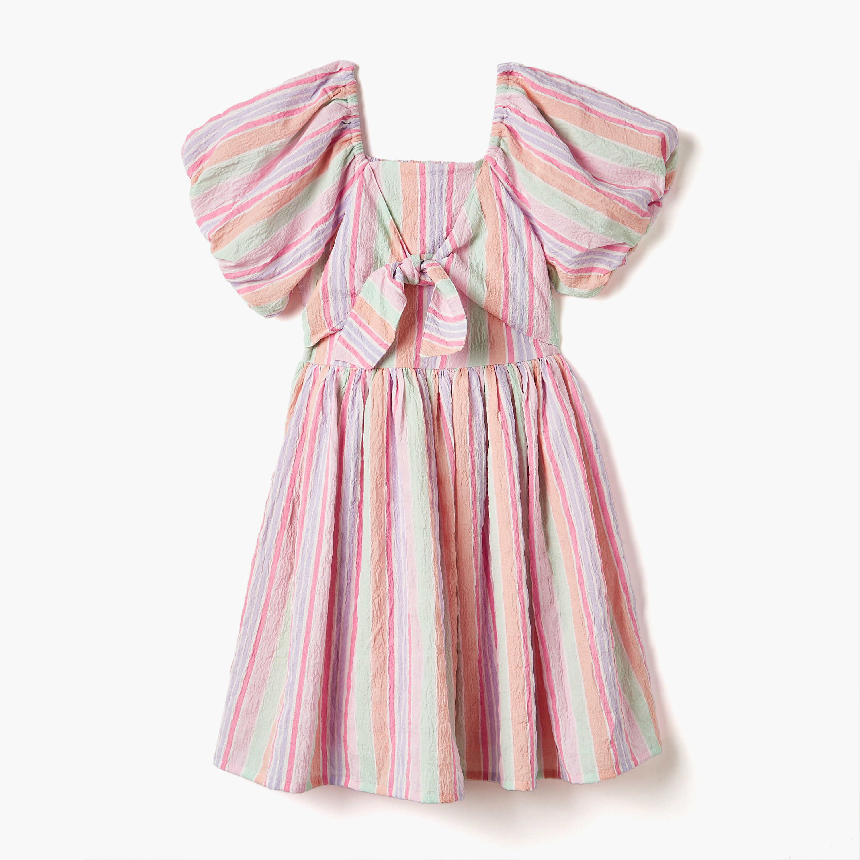 Juniors Striped Dress with Knot Detail and Short Sleeves-girls-clothing-dressesandjumpsuits-image-1