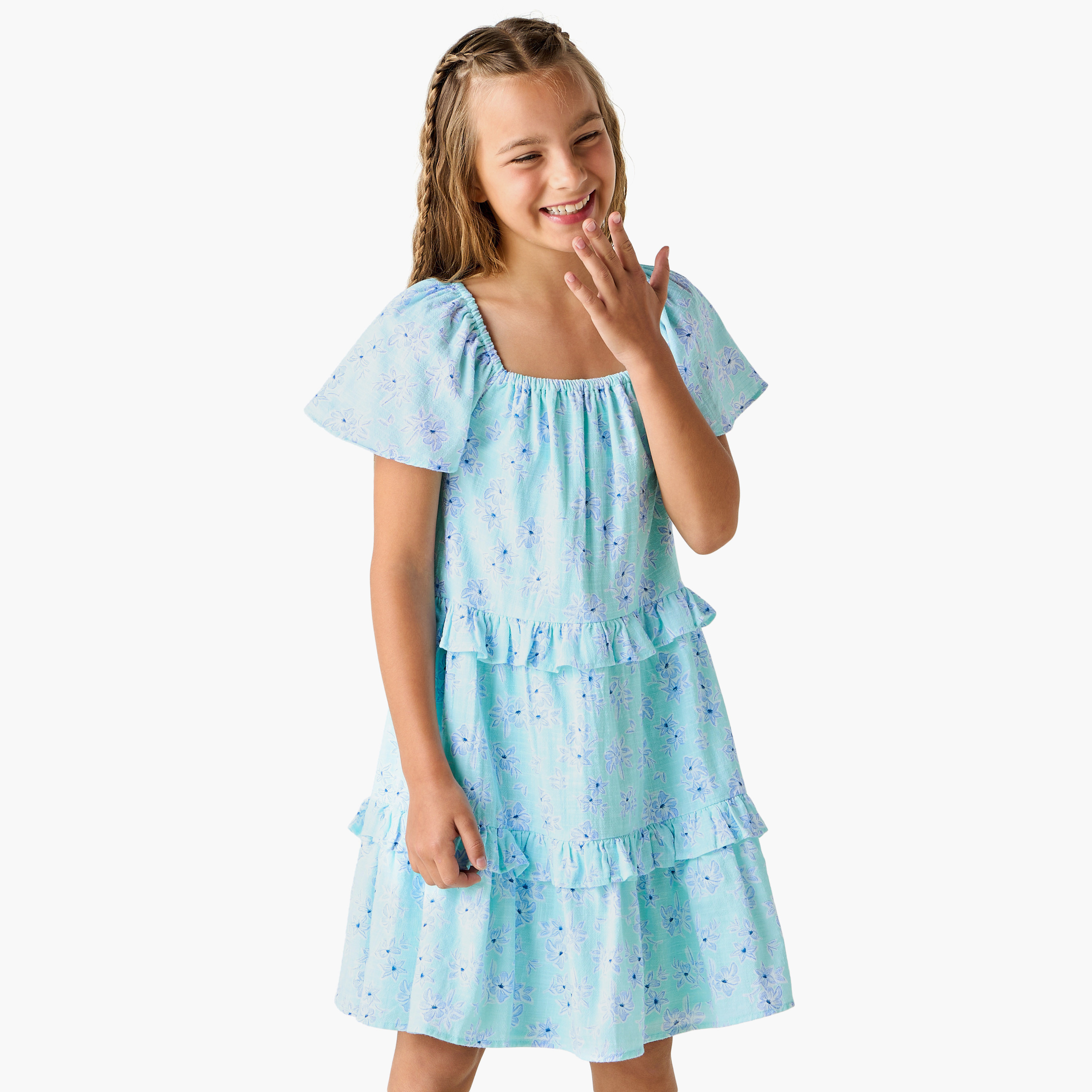 فستان بياقة مربعة وأكمام قصيرة وطبعات زهرية من جونيورز-girls-clothing-dressesandjumpsuits-image-5