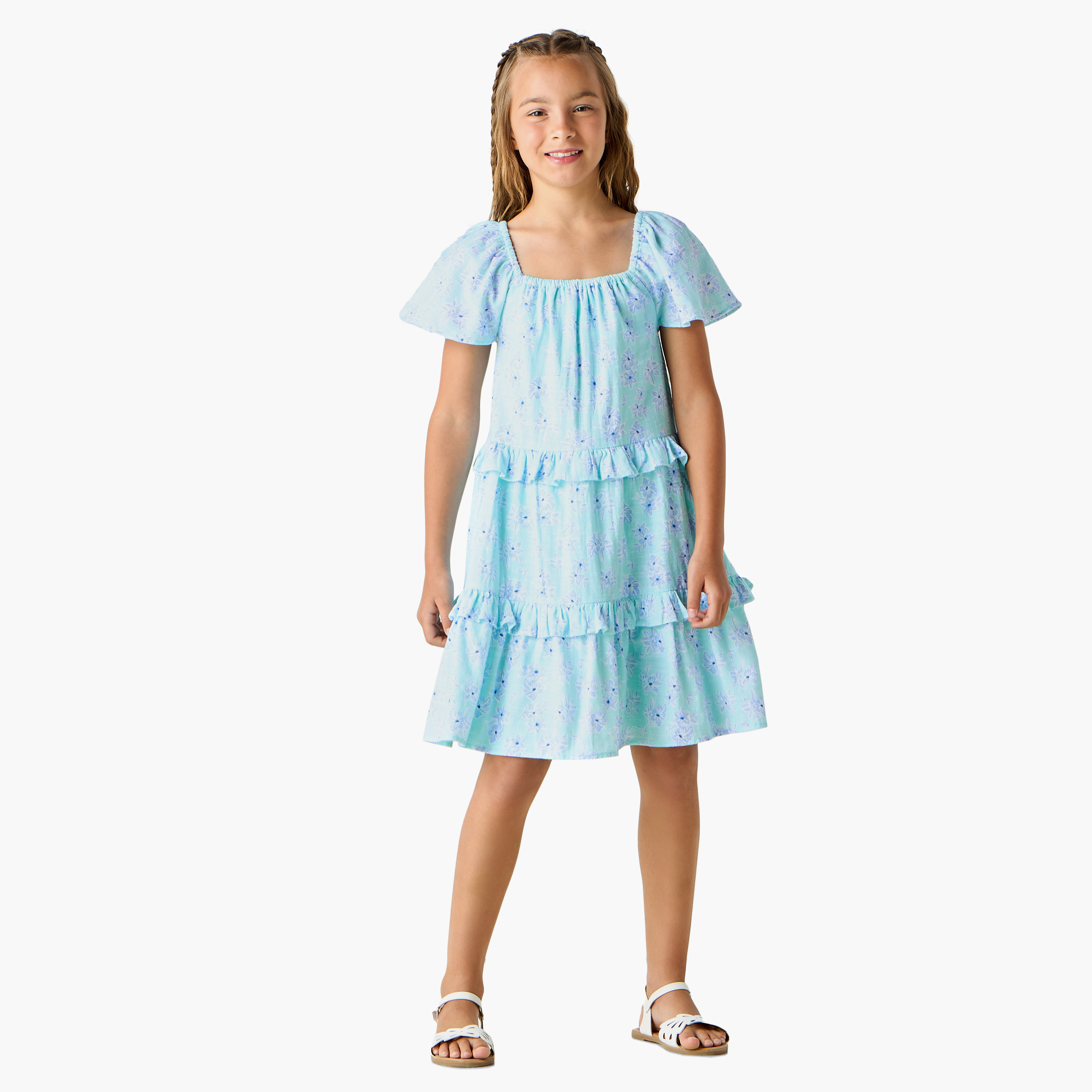 فستان بياقة مربعة وأكمام قصيرة وطبعات زهرية من جونيورز-girls-clothing-dressesandjumpsuits-image-4