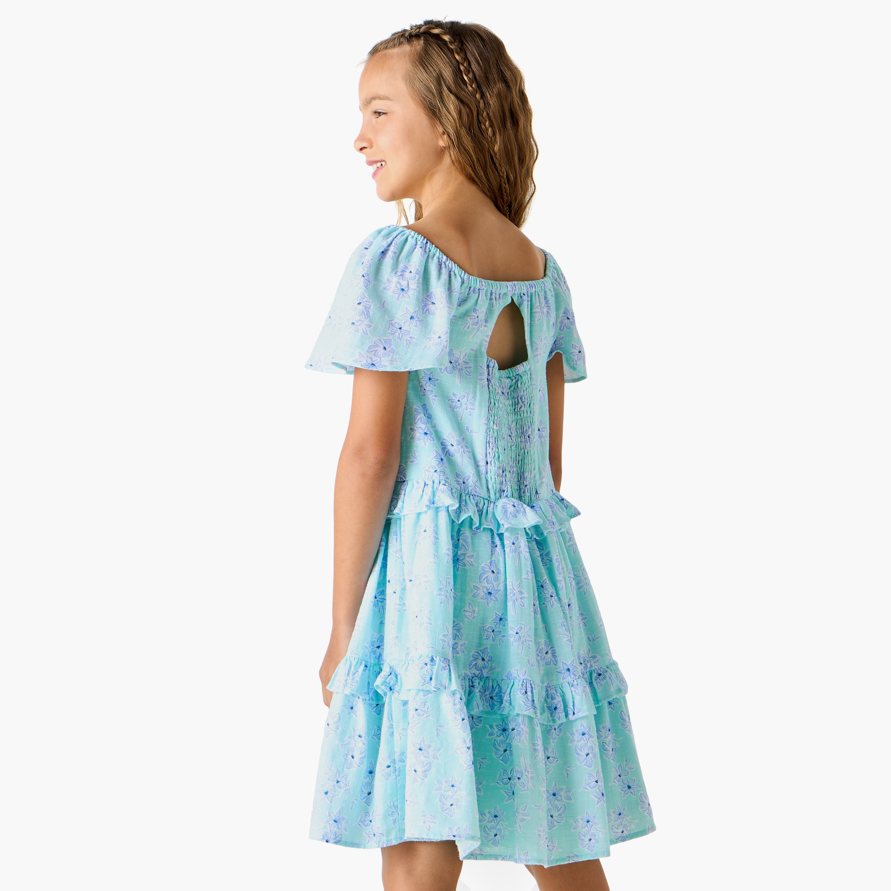 فستان بياقة مربعة وأكمام قصيرة وطبعات زهرية من جونيورز-girls-clothing-dressesandjumpsuits-image-3