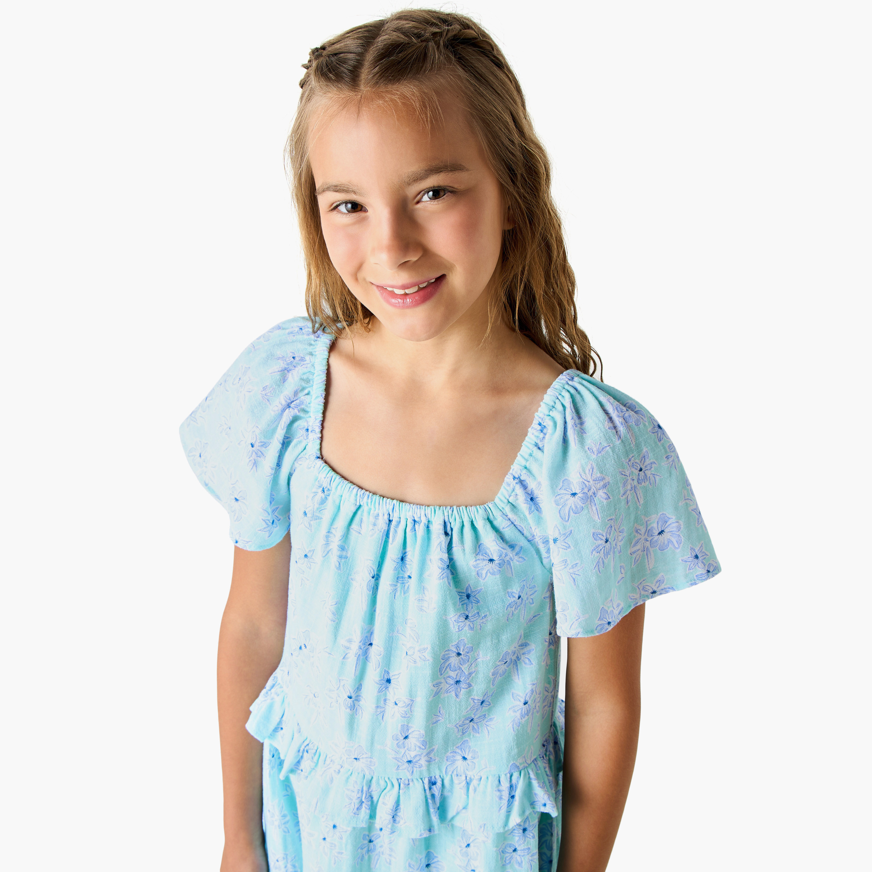 فستان بياقة مربعة وأكمام قصيرة وطبعات زهرية من جونيورز-girls-clothing-dressesandjumpsuits-image-2