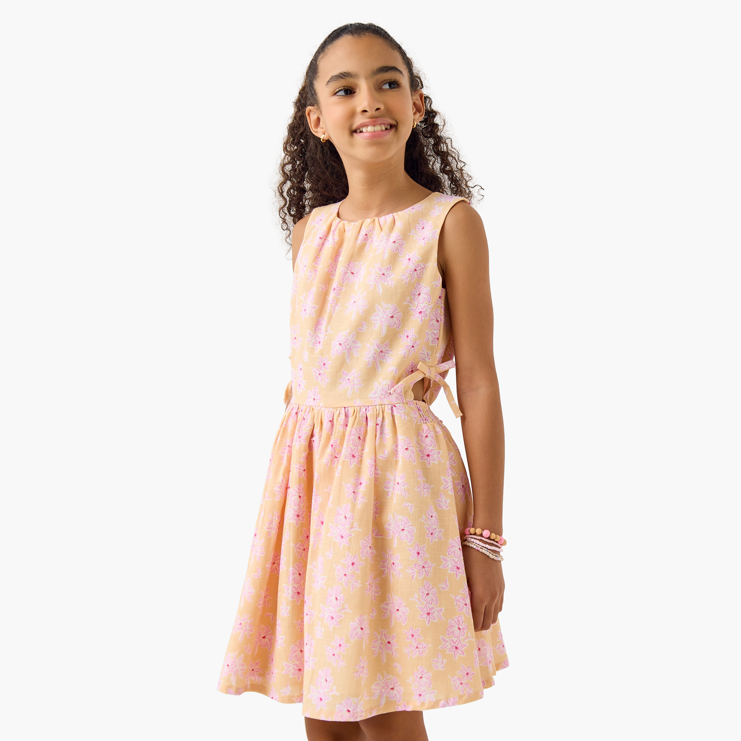 Juniors Floral Print Sleeveless Dress with Tie-Up Detail-girls-clothing-dressesandjumpsuits-image-1
