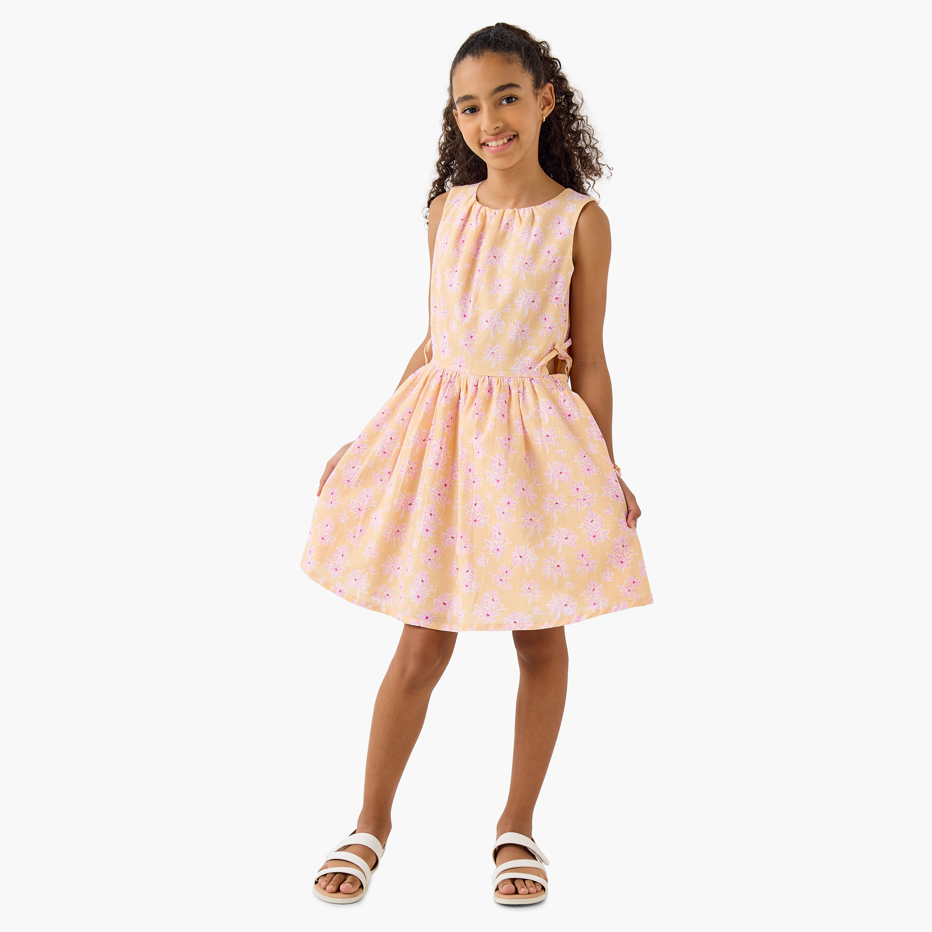 Juniors Floral Print Sleeveless Dress with Tie-Up Detail-girls-clothing-dressesandjumpsuits-image-2