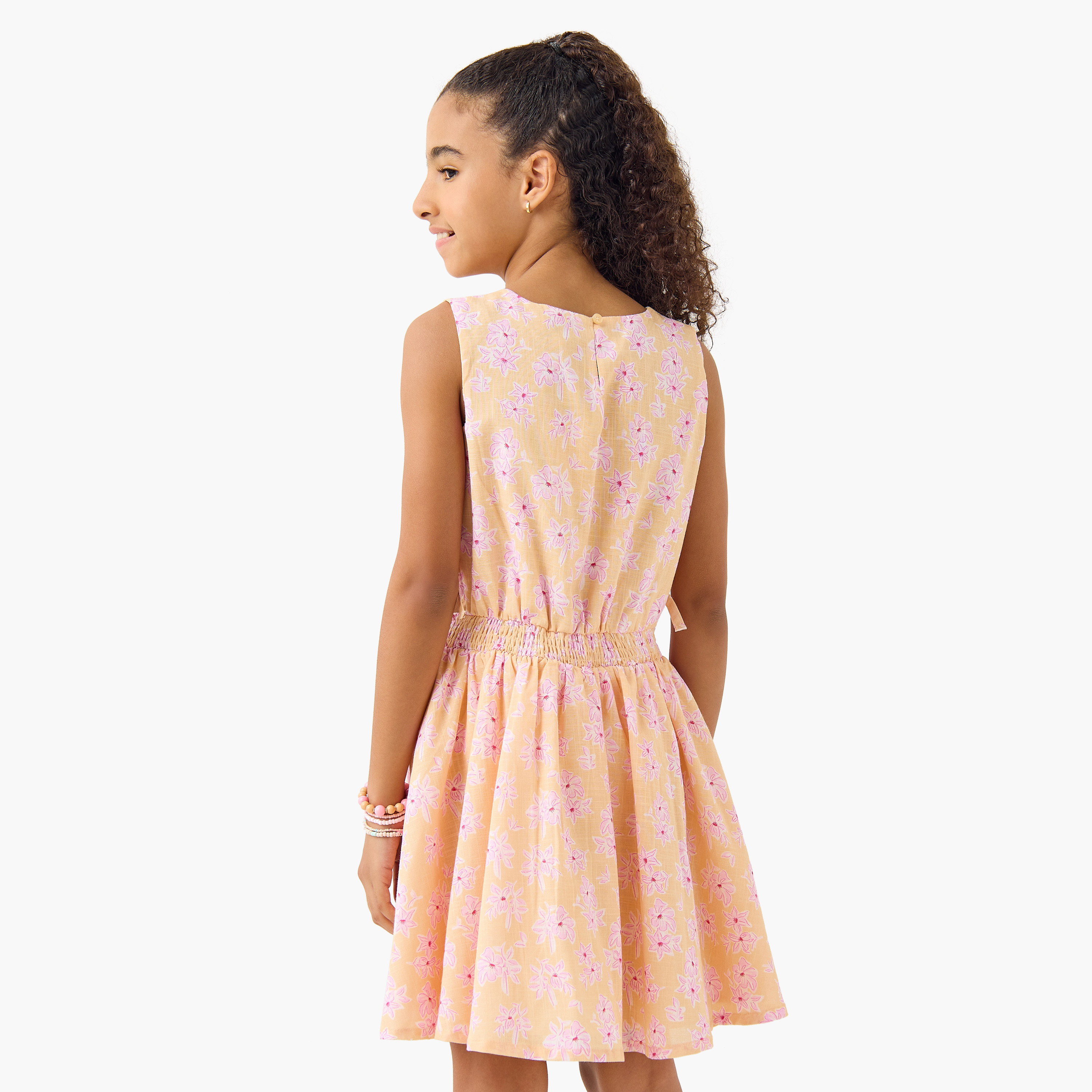 Juniors Floral Print Sleeveless Dress with Tie-Up Detail-girls-clothing-dressesandjumpsuits-image-3