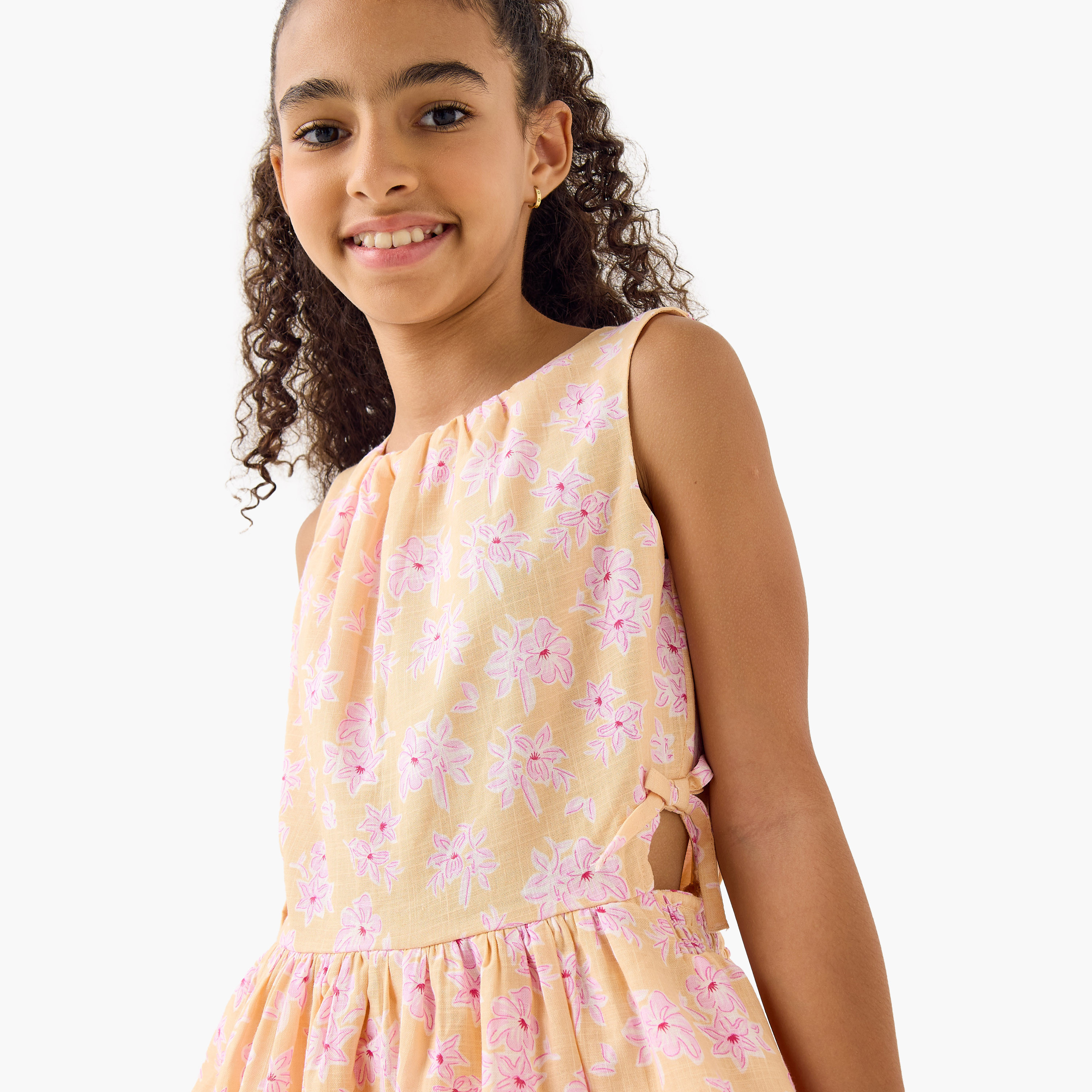 Juniors Floral Print Sleeveless Dress with Tie-Up Detail-girls-clothing-dressesandjumpsuits-image-4
