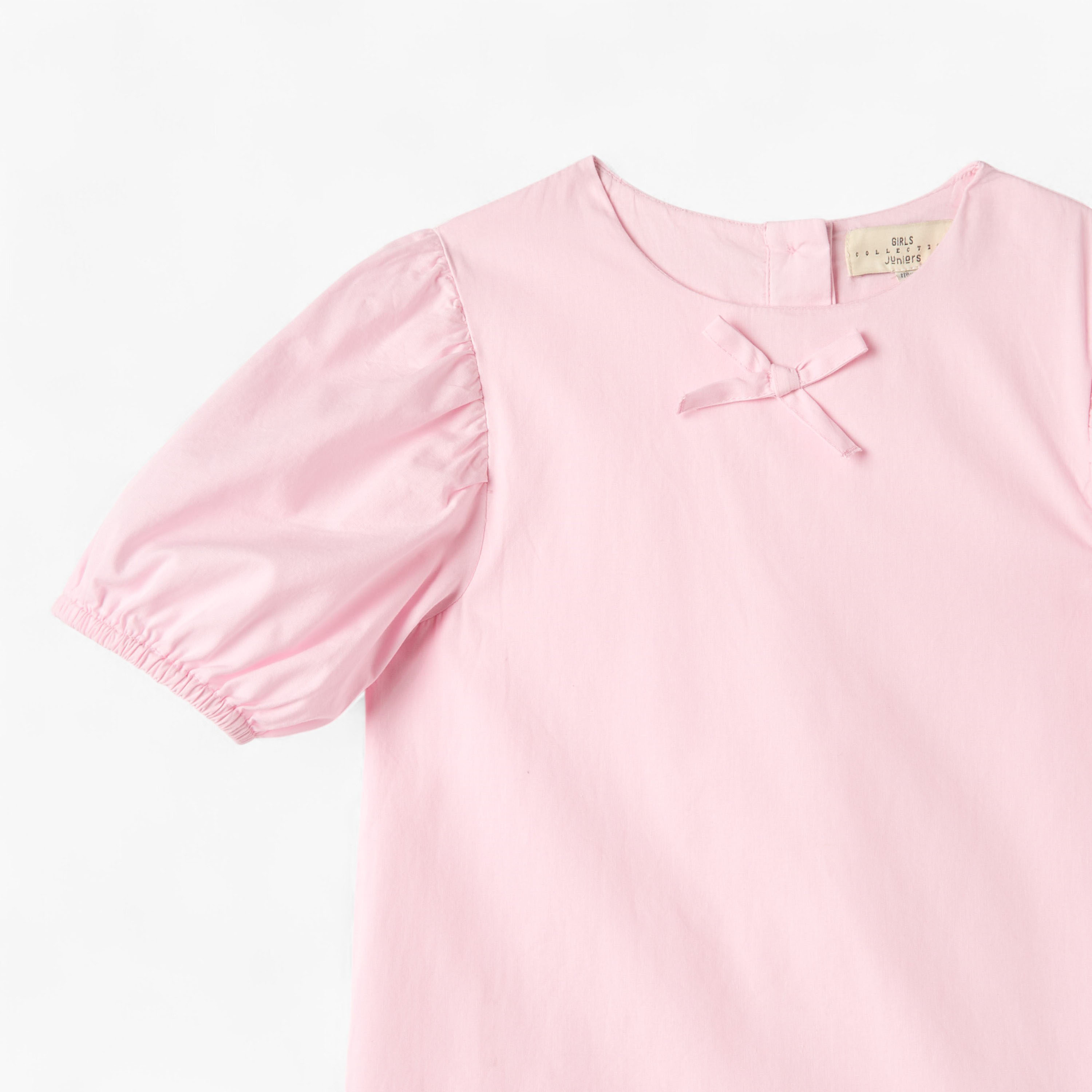 Juniors Solid Dress with Puff Sleeves and Balloon Hem-girls-clothing-dressesandjumpsuits-image-3