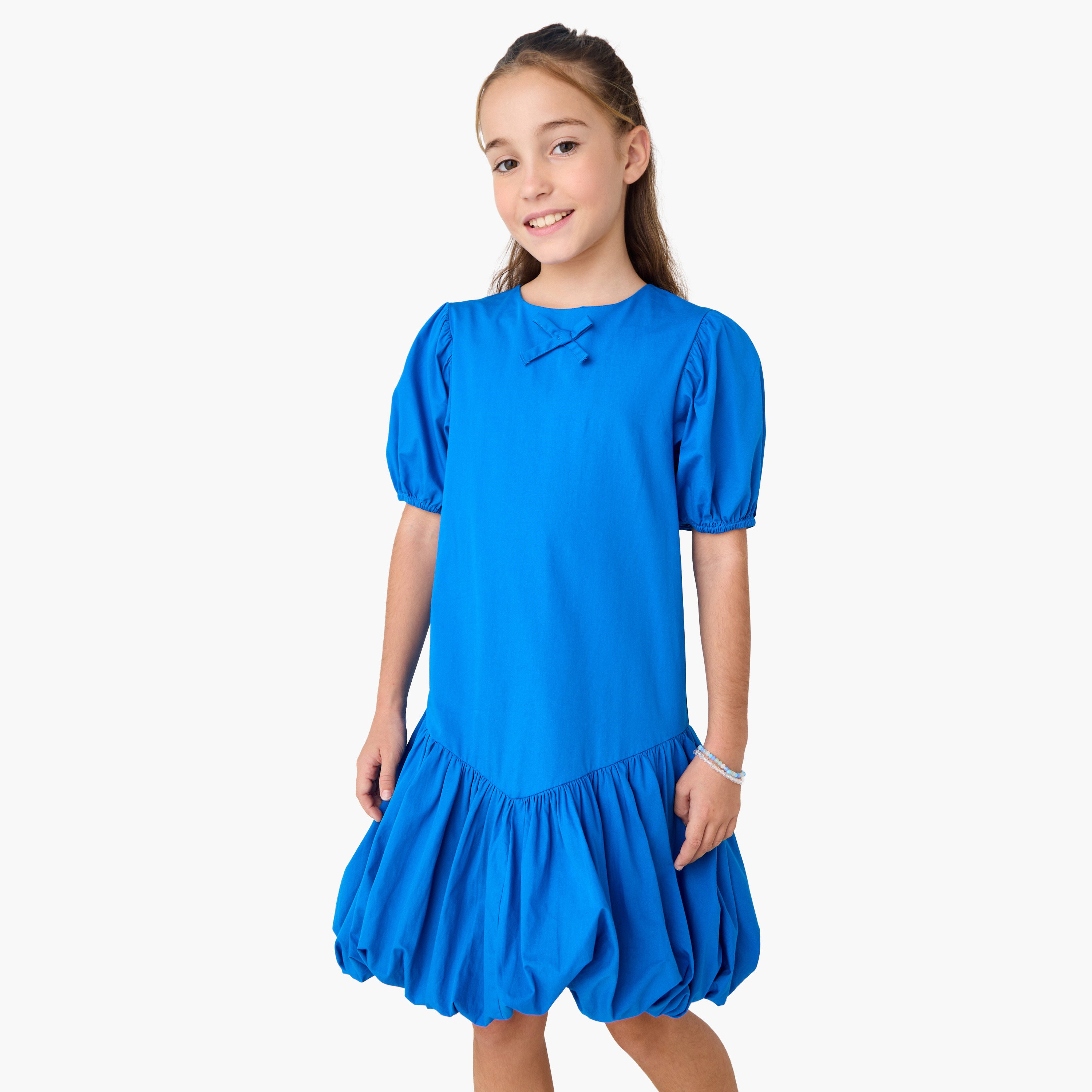 Juniors Solid Balloon Dress with Bow Detail and Short Sleeves-girls-clothing-dressesandjumpsuits-image-1