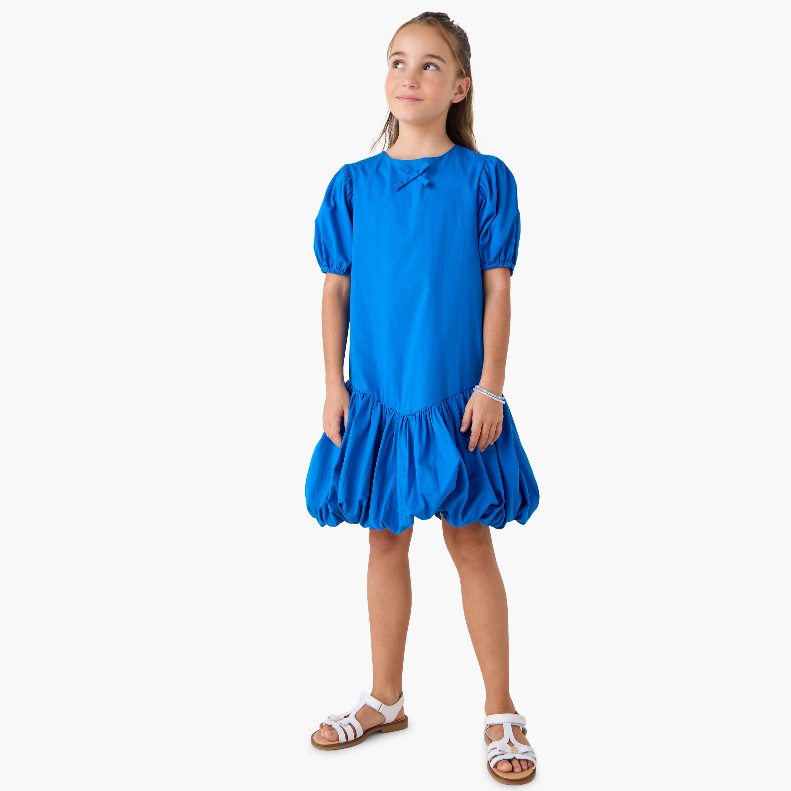 Juniors Solid Balloon Dress with Bow Detail and Short Sleeves-girls-clothing-dressesandjumpsuits-image-2