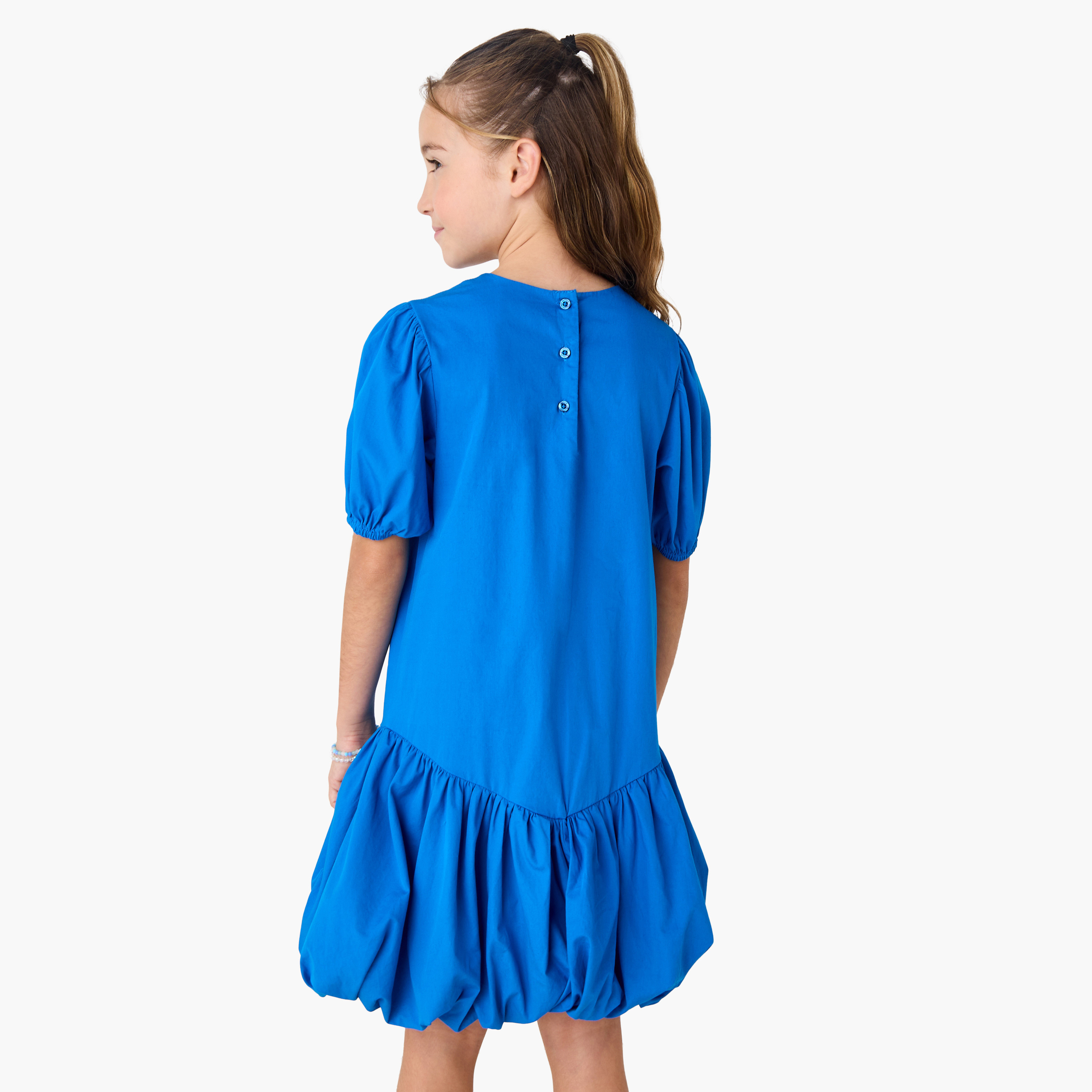 Juniors Solid Balloon Dress with Bow Detail and Short Sleeves-girls-clothing-dressesandjumpsuits-image-3