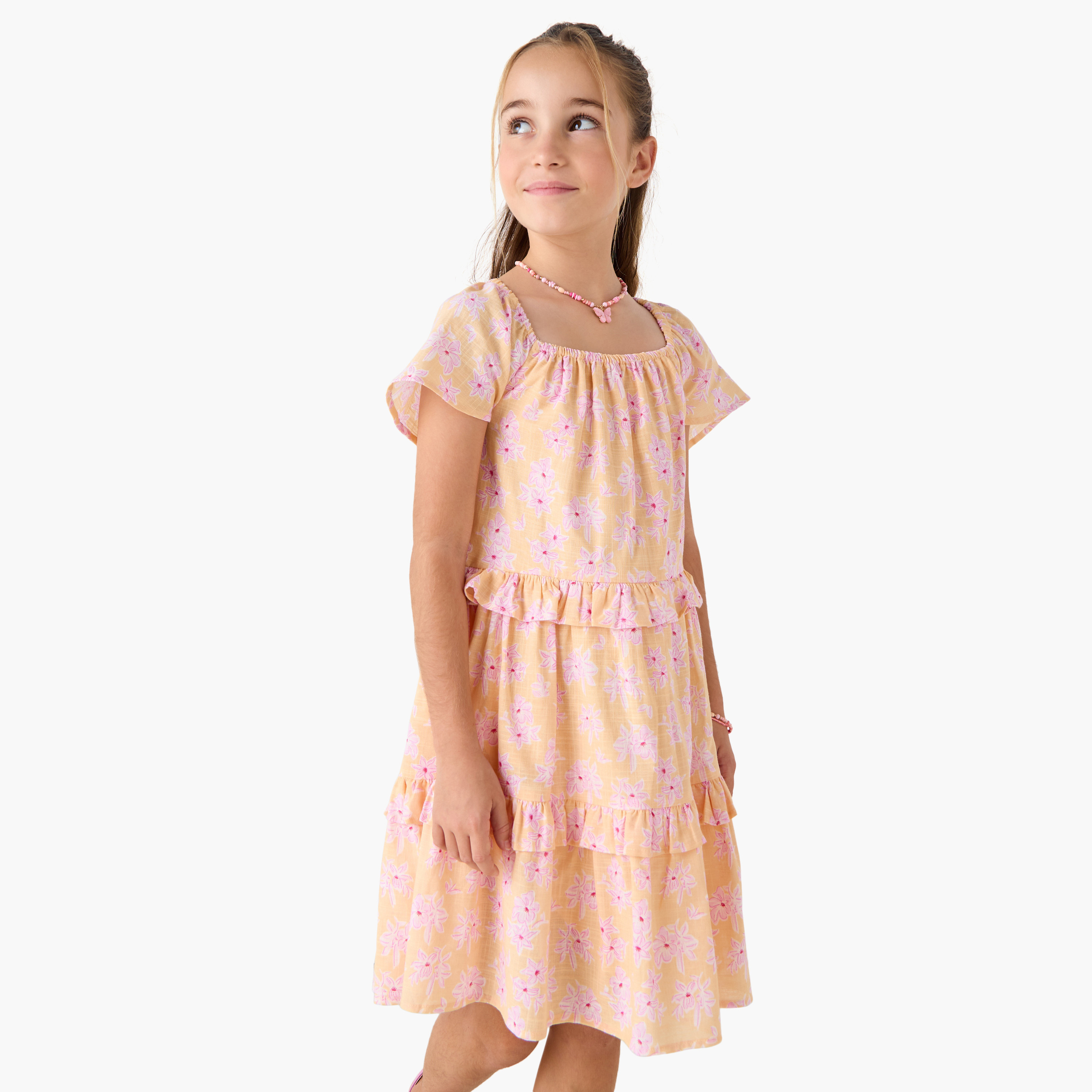Juniors Floral Print Tiered Dress with Square Neck and Ruffle Detail-girls-clothing-dressesandjumpsuits-image-1