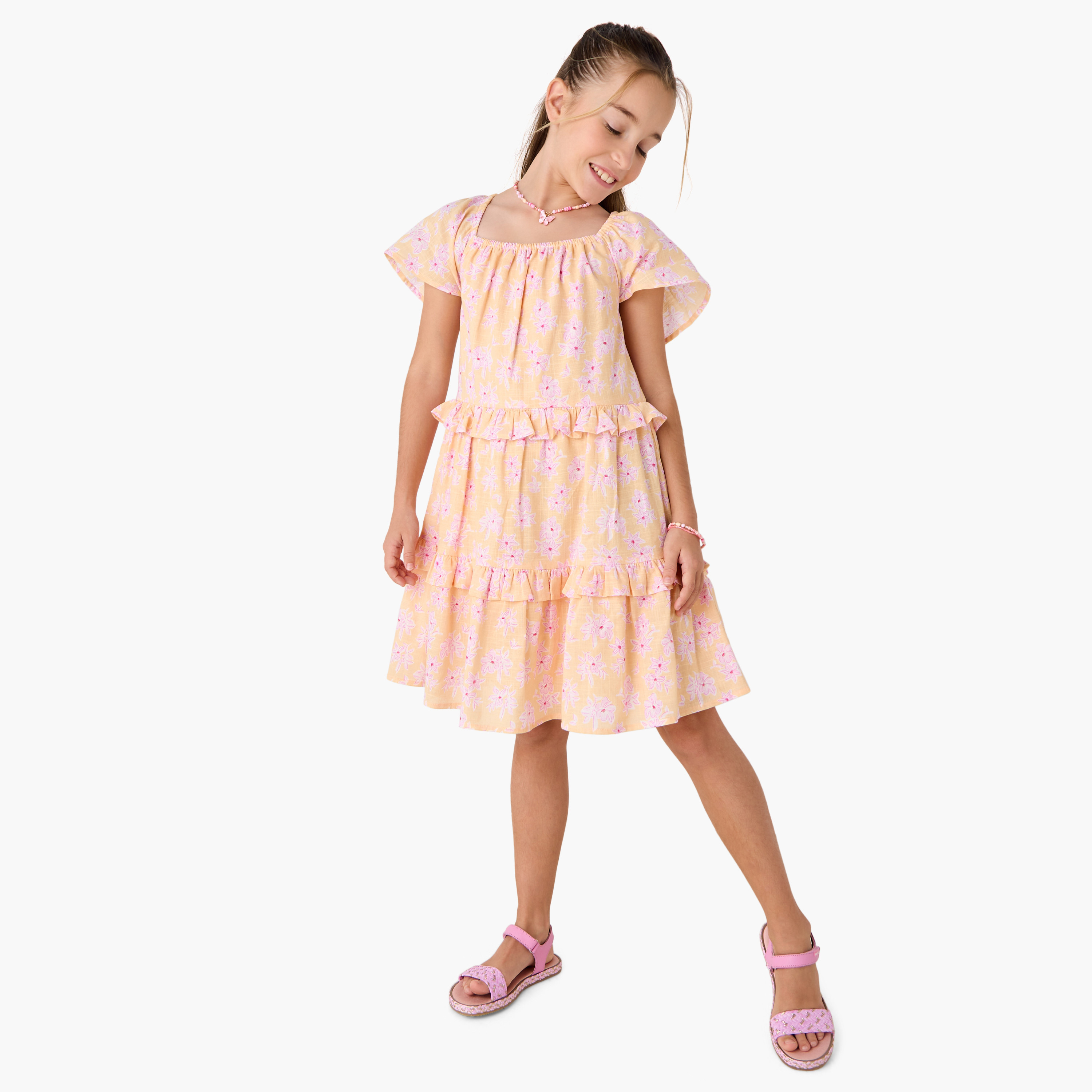 Juniors Floral Print Tiered Dress with Square Neck and Ruffle Detail-girls-clothing-dressesandjumpsuits-image-2