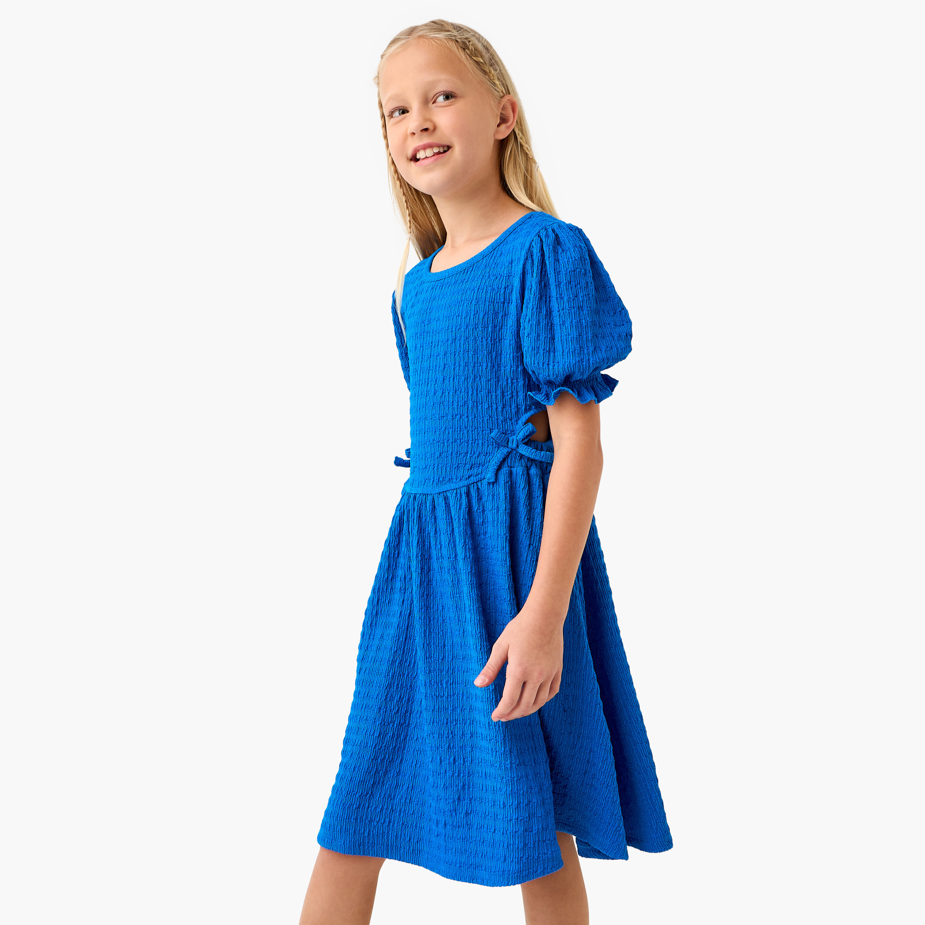 Juniors Textured A-line Dress with Round Neck and Cutout Detail-girls-clothing-dressesandjumpsuits-image-1