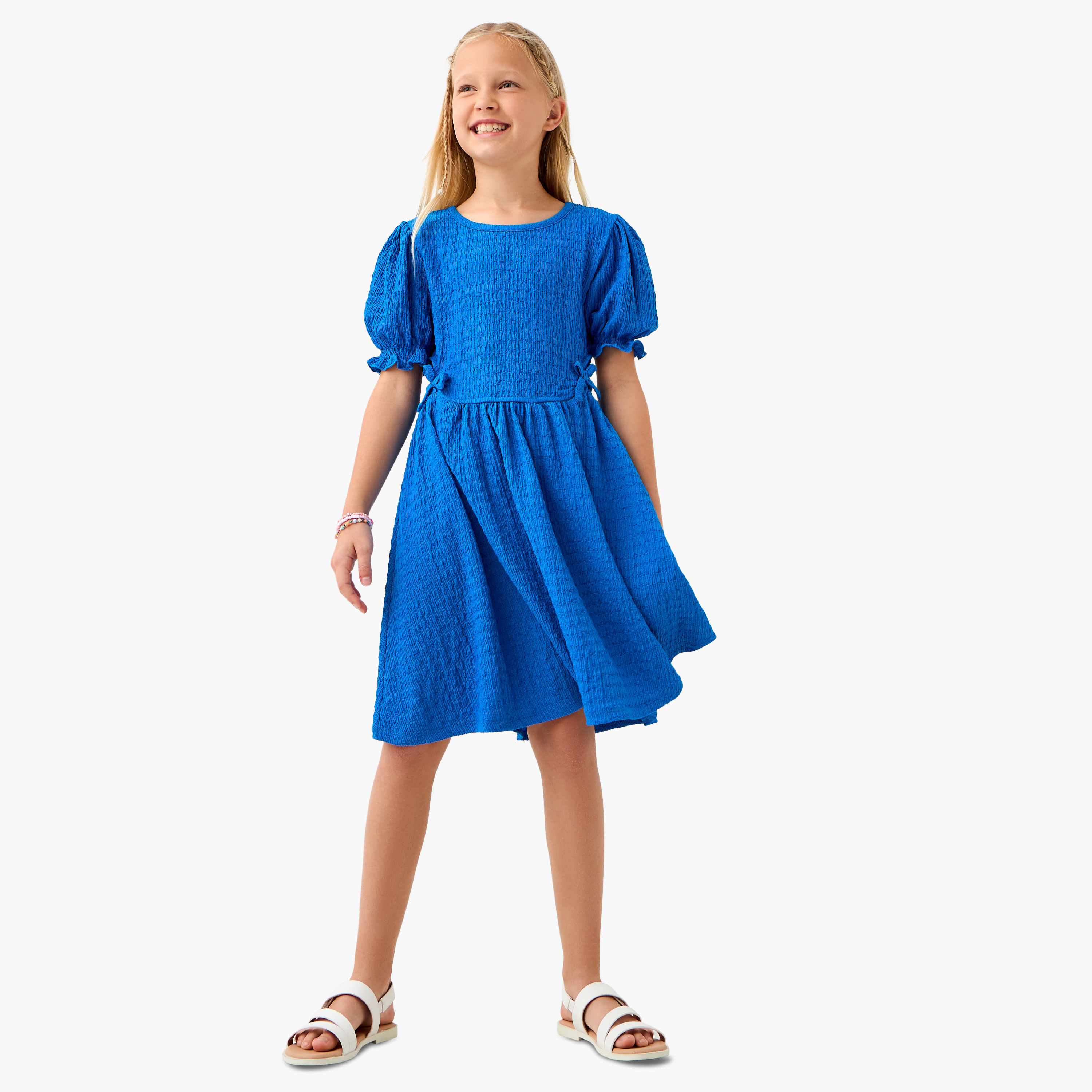 Juniors Textured A-line Dress with Round Neck and Cutout Detail-girls-clothing-dressesandjumpsuits-image-2