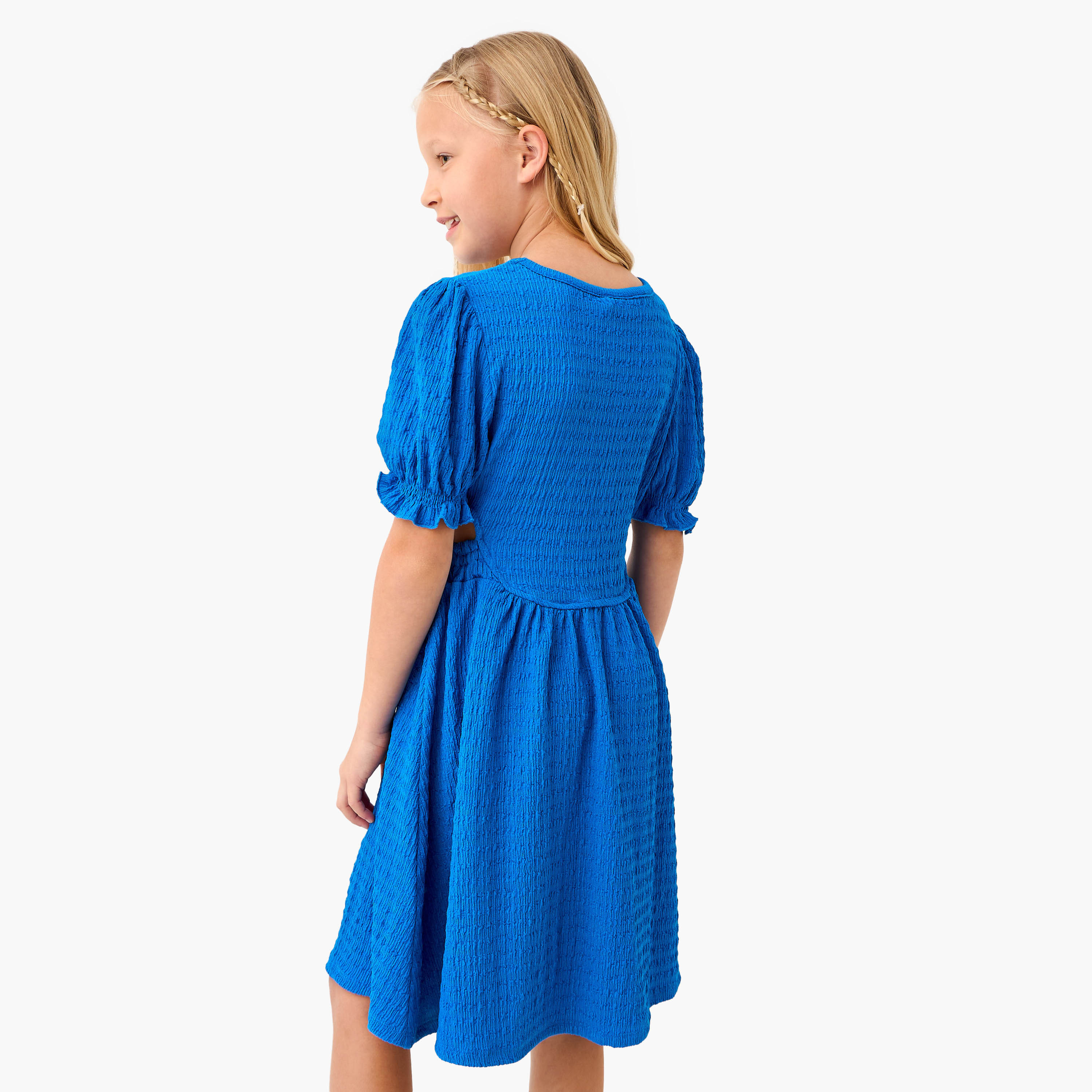Juniors Textured A-line Dress with Round Neck and Cutout Detail-girls-clothing-dressesandjumpsuits-image-3